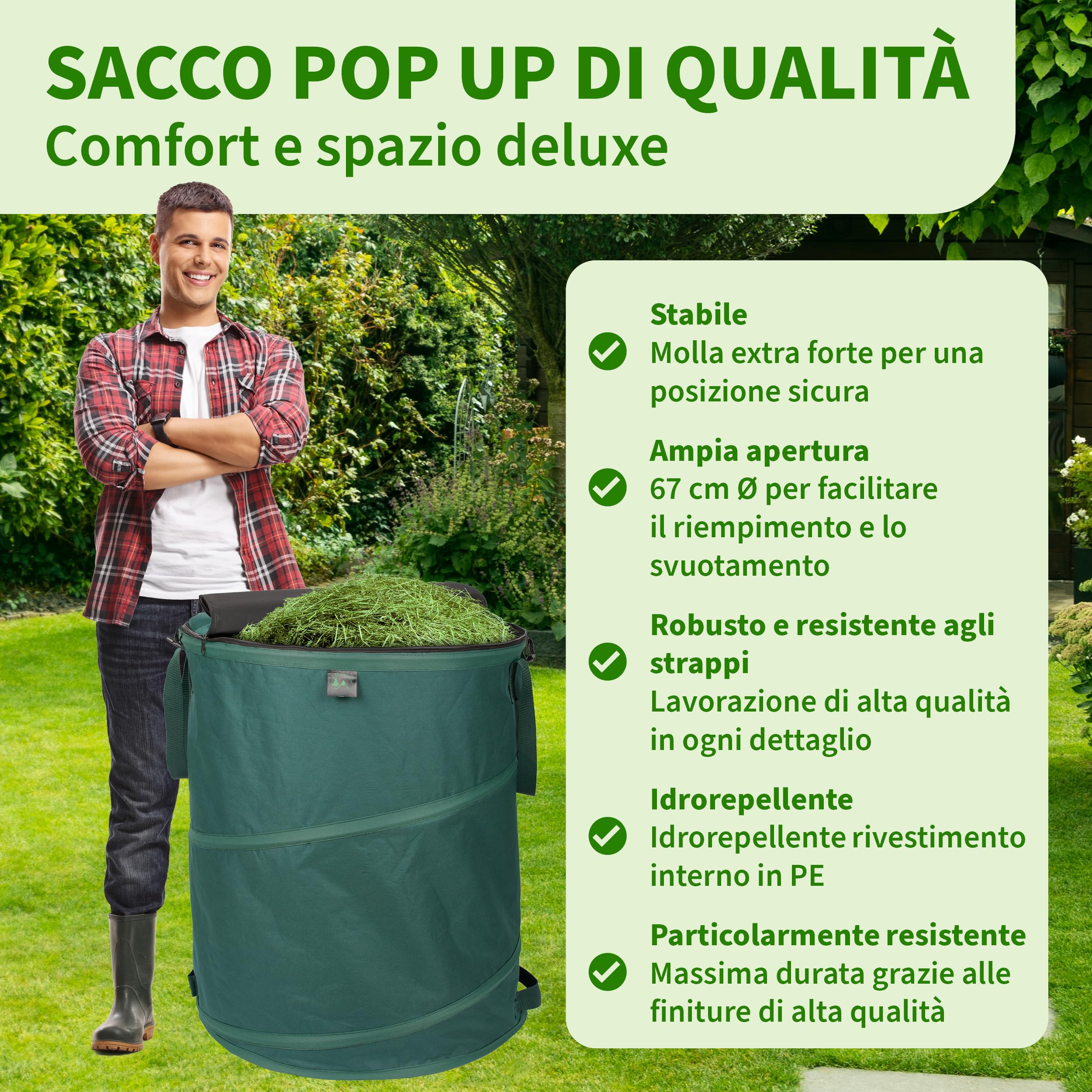 TTL GARDEN 2 sacchi da giardino Pop Up Deluxe da 270 l, con coperchio, 220 gsm, 600D, Oxford, set da 2 pezzi, 270 litri, pieghevoli, grandi e stabili – Sacco per foglie, per taglio verde, giardino