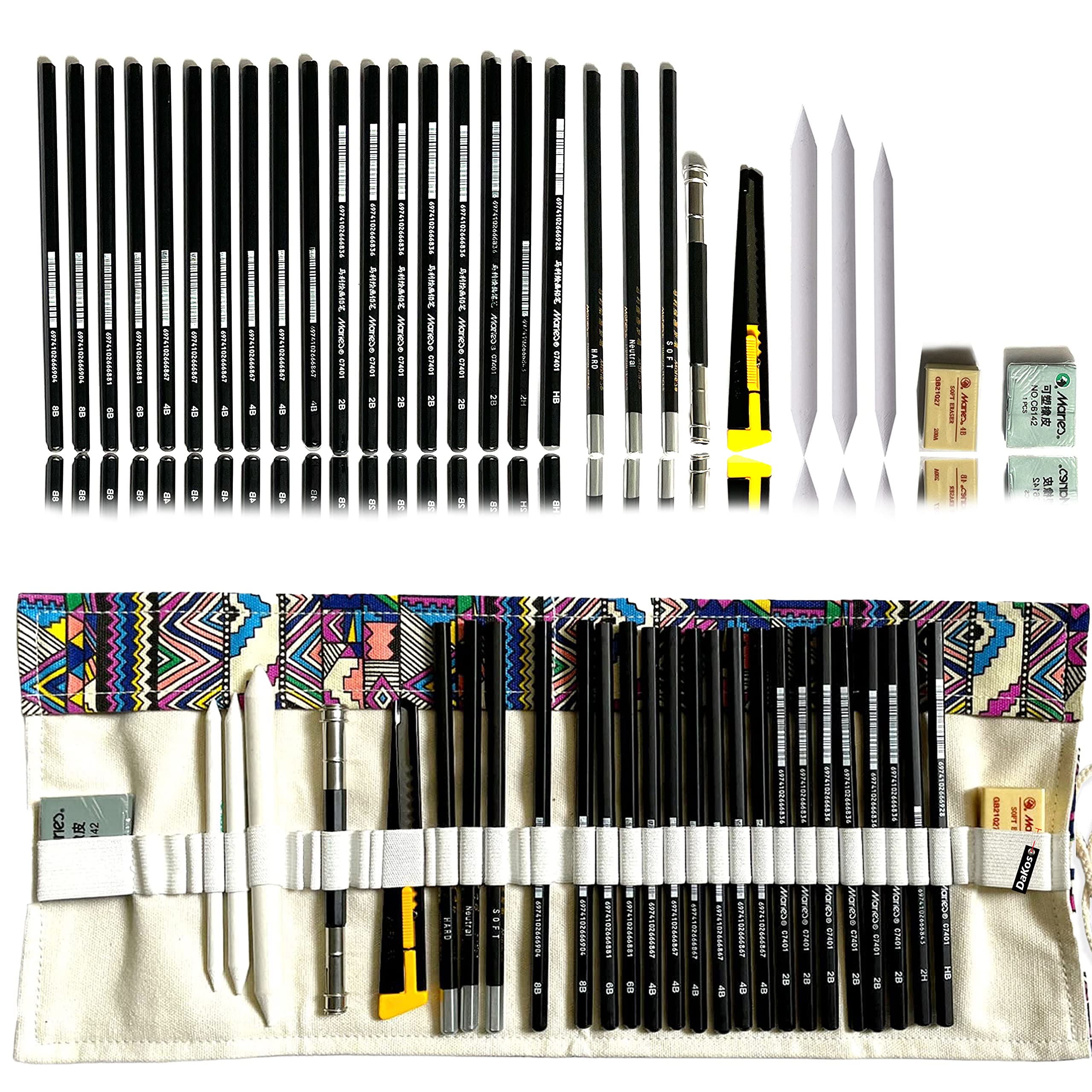DaKos 29 Pieces Professional Sketching & Drawing Art Tool Kit with Graphite Pencils, Charcoal Pencils, Paper Erasable Pen, Craft Cutter-Light weight (with Colorful Printed Rolling Pouch) (B0BRSXSHZZ) Amazon Price History, Amazon Price Tracker