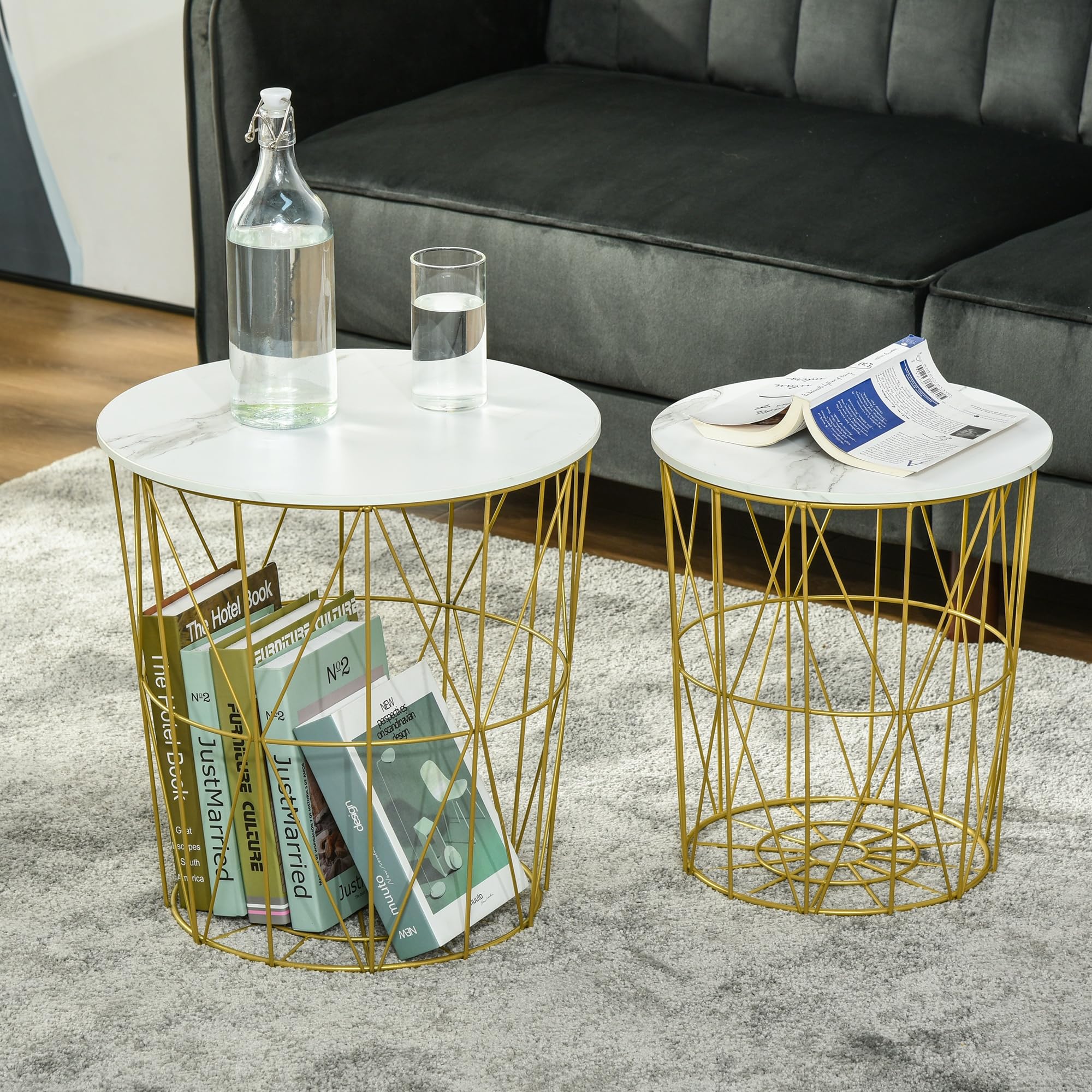 HOMCOM Set 2 Tavolini da Salotto Moderni Impilabili con Ripiano Rimovibile, Tavolino da Caffè con Contenitore per Soggiorno e Camera, Bianco Oro