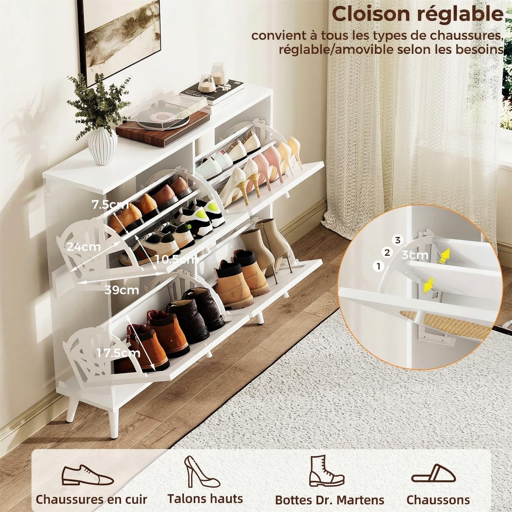 IRONCK Meuble à Chaussures en Cannage et Bois, 4 Portes Étroit avec Étagères Réglables, Rangement Chaussures pour Entrée, Couloir, Salon, 100x24x95 cm (Blanc)