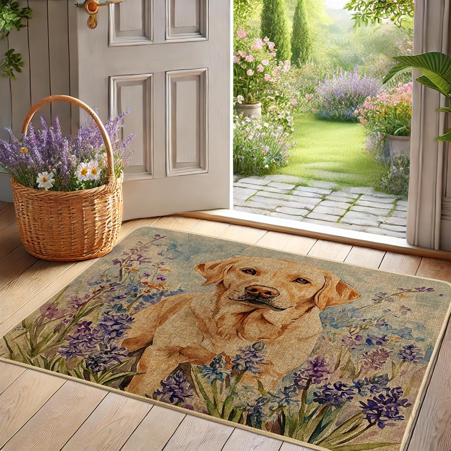 Labrador Retriever Floral Door Mat, Yellow Dog Doormat for Spring Outdoor & Indoor Entryway Decor, Non-Slip Waterproof Dust Absorbent Mat, Easy Clean 29x17 Inch