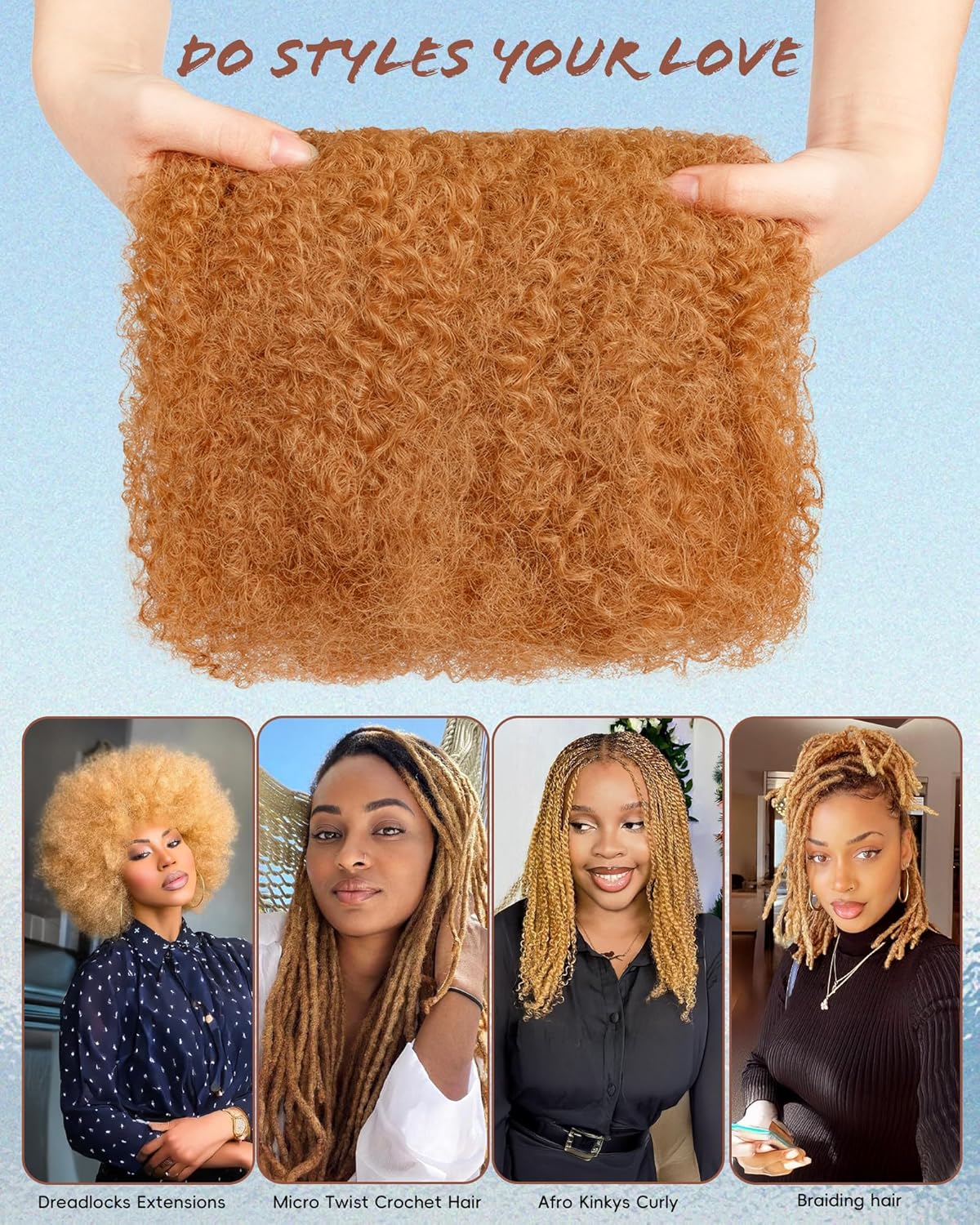 Afro Kinky Curly Bulk Human Hair Extensions 20 Inch 50g Bundles,Real Natural Kinky-Curly Braiding Hair for Dreadlocks/Locs Repair,Twist & Braids(Blonde,27#,2 Packs)