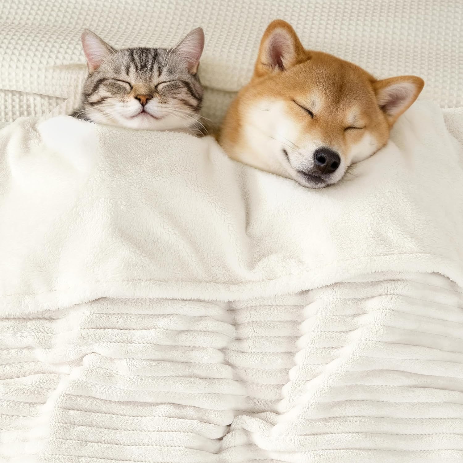 Waterproof Twin Blanket for Bed - Washable Large Dog Blankets for Bed Protector, Thick Cozy Fleece Calming Pet Blankets for Indoors & Outdoors, Cream, 60"x80"