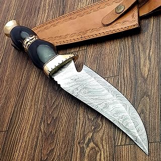 KZ-39 Handmade Damascus Steel Knife for Hunting, Survival, Camping, Skinning, Bushcraft, Fixed Blade Full Tang Bull Horn Handle, with Leather Sheath. - TZ KNIVES