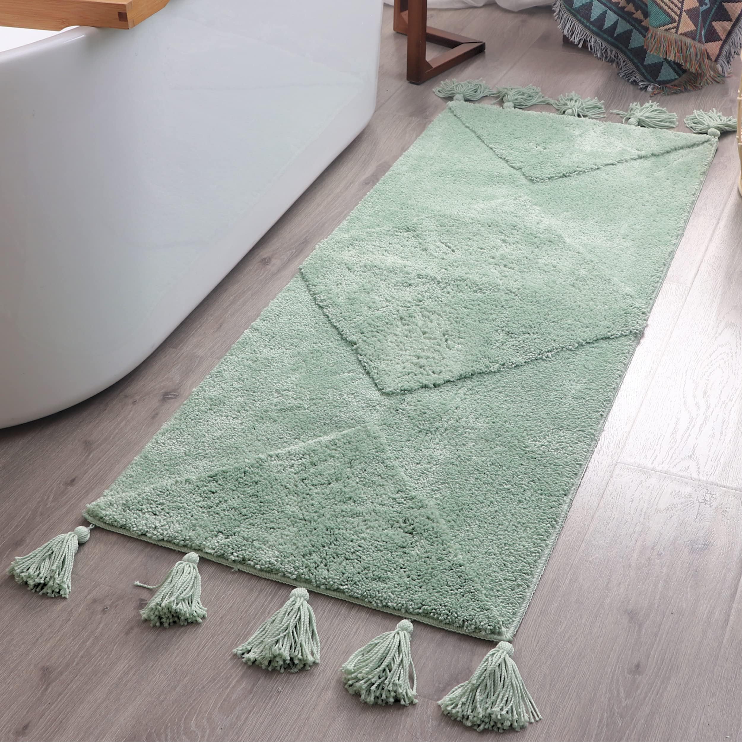 Mint Green Boho Runner Rug with Tassels Long Light Green