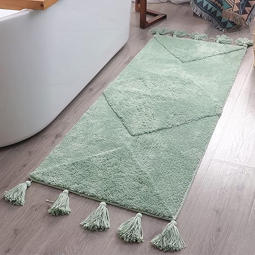 Mint Green Boho Runner Rug with Tassels, 20x60 (20x50 Without Tassels) – Light Green Bath Mat, Teal/Sage/Aqua Bohemian Rug, Non-Slip Bathroom Runner, Cute Earthy Home & Dorm Room Decor
