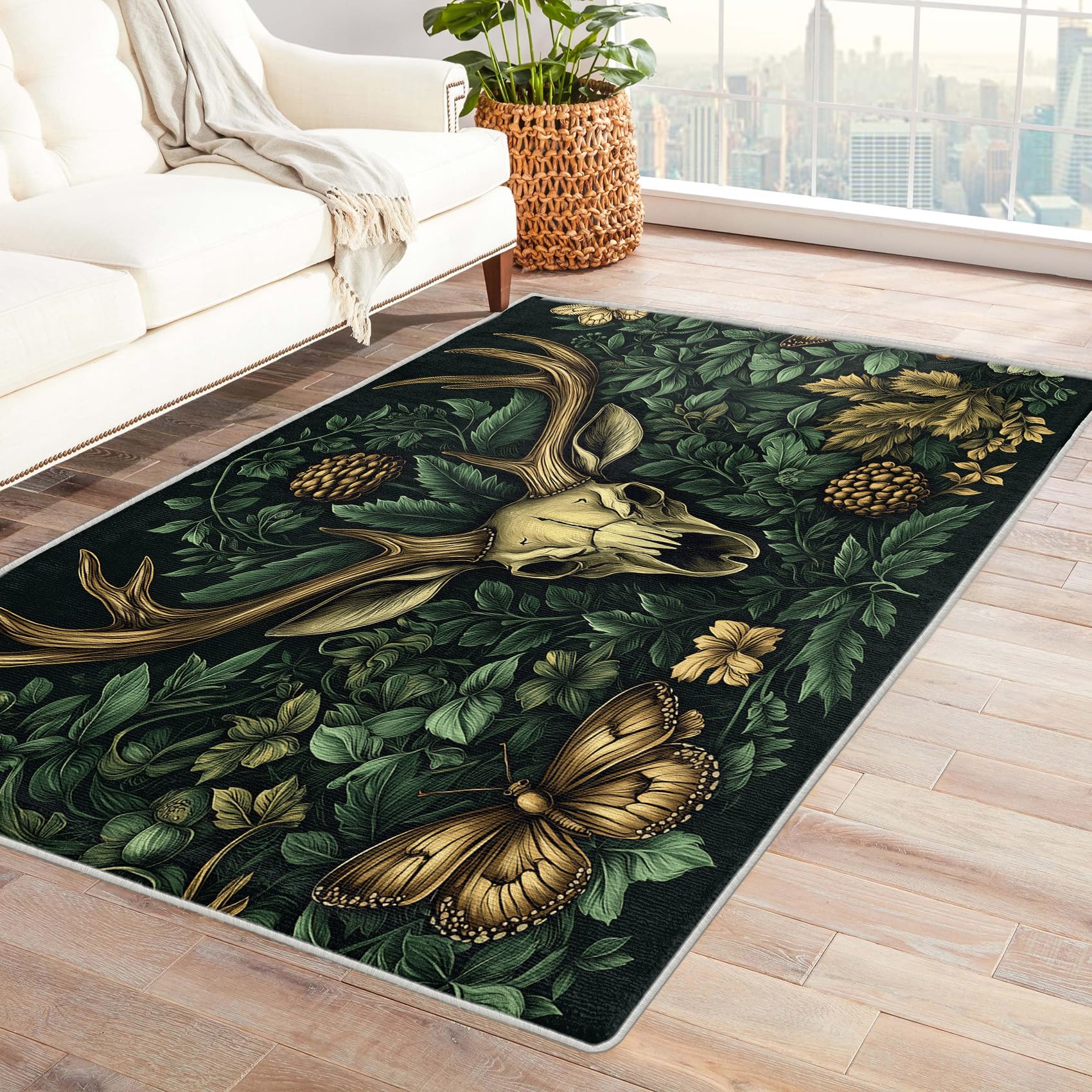 Tapis de salon crâne de cerf papillon plante moquette antidérapante douce 80x150