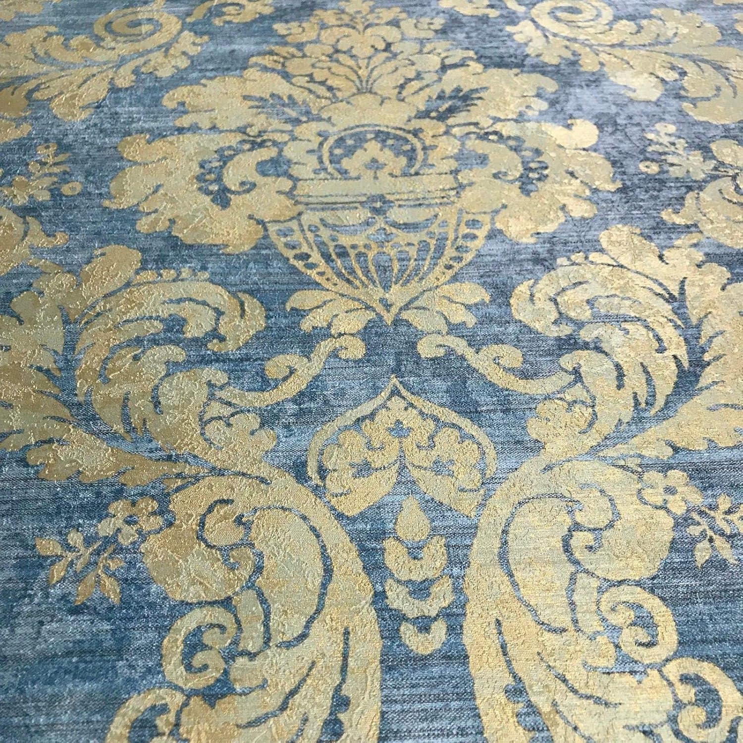 Wallpaper Blue Yellow Gold Metallic Rustic Damask Textured roll 3D