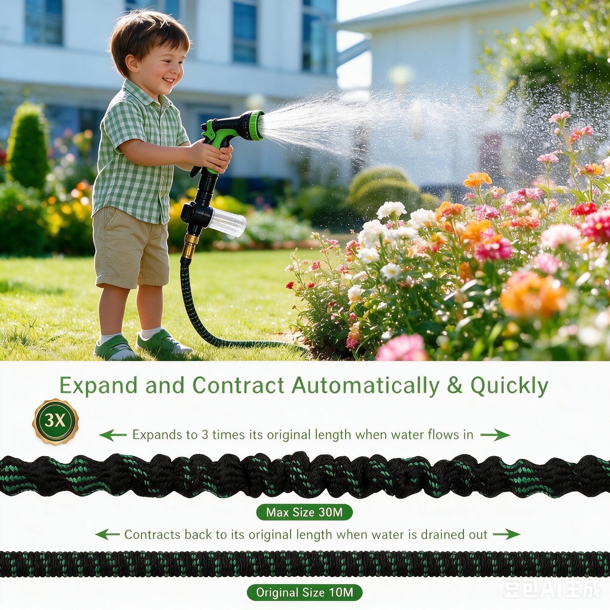 Gartenschlauch flexibel mit Additivflasche, hochdruckpistole für gartenschlauch mit 10 Funktionsdüse, Langlebiger 3-Schicht-Latexkern, Stoff 3750D, with3/4 & 1/2 Steckverbinder (30 m(100ft))