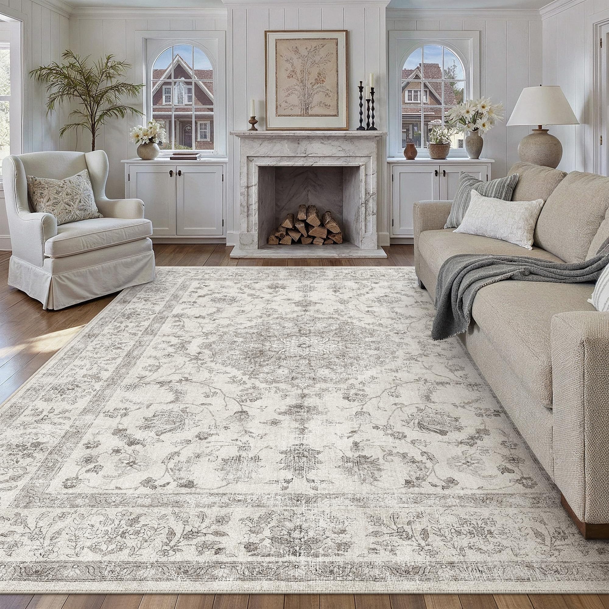 PureCozy Teppich Wohnzimmer 240x300cm Waschbarer Vintage Grau Tepiche for Schlafzimmer rutschfest kurzflor Weich Böhmischen Retro Groß XXL Carpet für Küchen Esszimmer Bedroom Büro Living Room