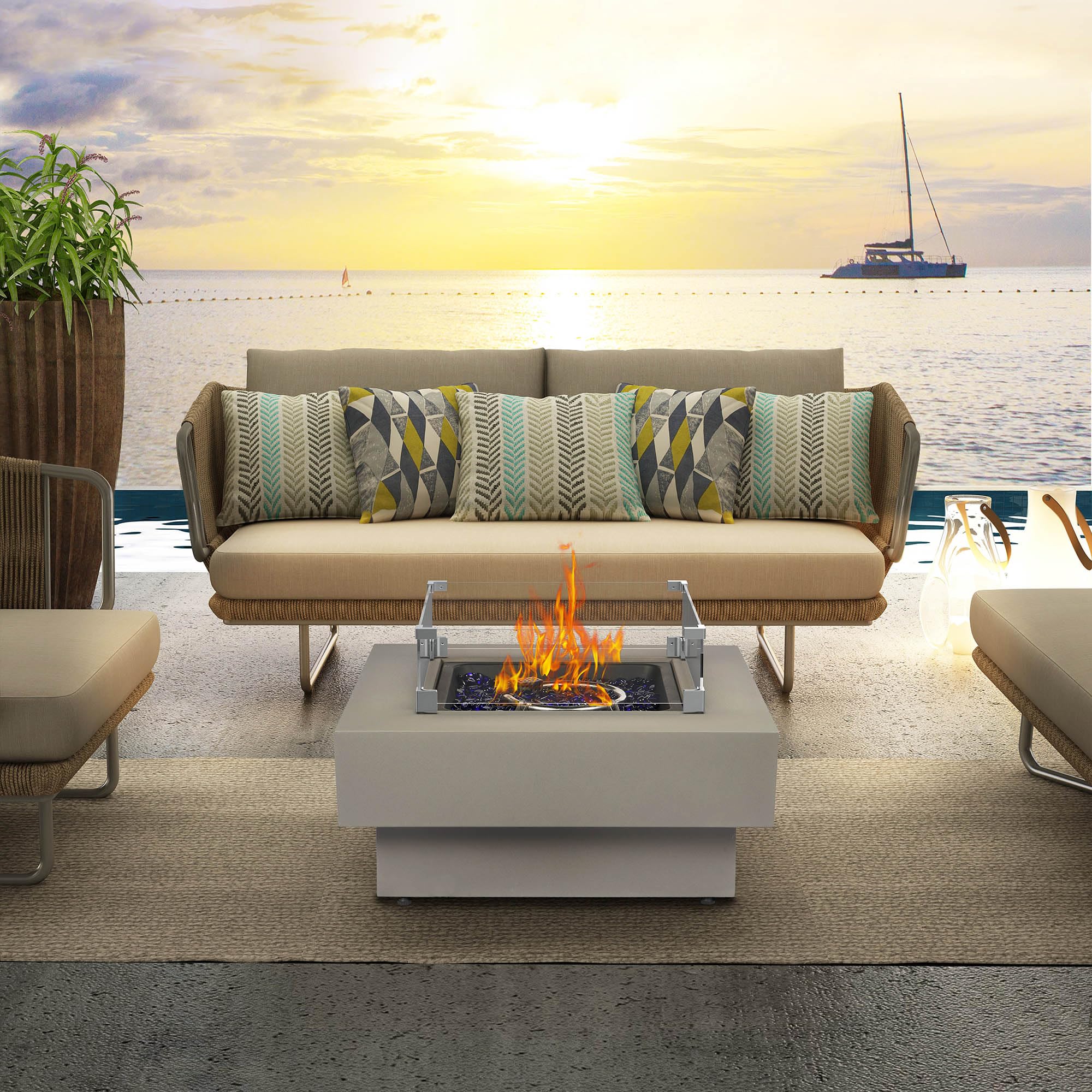 Propane Fire Pit Table with Wind Glass Shield, 32.5-inch 50,000 BTU Outdoor Gas Fire Table for Patio w/Lid, Glass Rocks, Cover, Pre-Attached 10ft Propane Hose