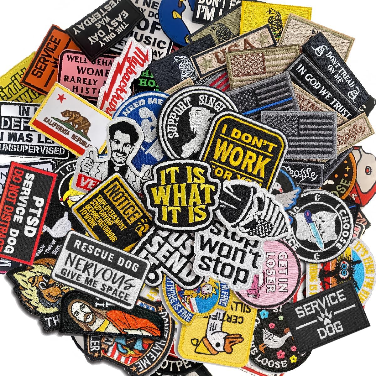 SYLVASS 50PCS Random Funny Hook and Loop Patches Set, Embroidered Tactical Morale Patches, Suitable for Hat, Backpack, Cap, Vest, Helmet, Uniform