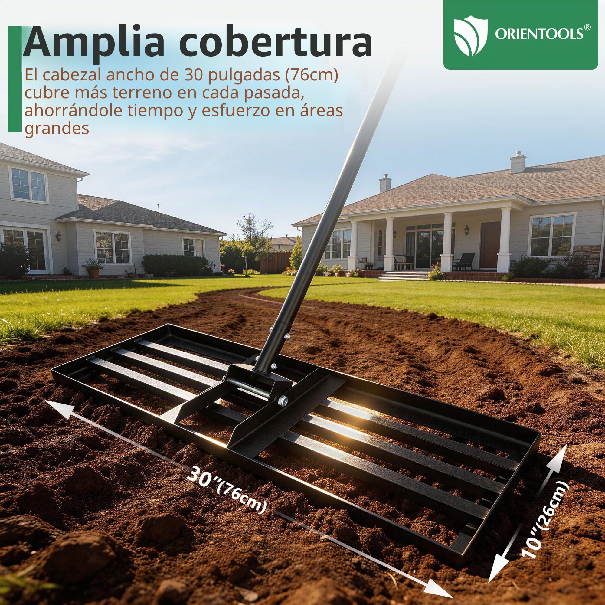 ORIENTOOLS Rastrillo nivelador de césped, 44 cm de ancho x 206 cm de alto, negro, 4,9 kg