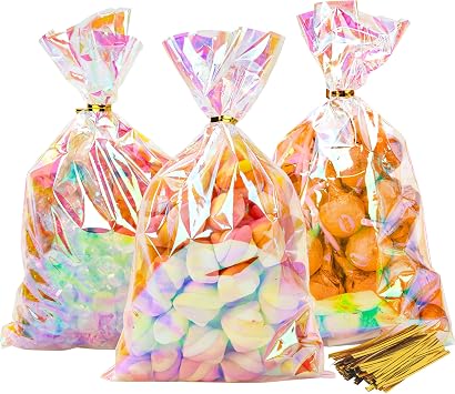 NPLUX Cellophane Bags, 100 Pack 6x10 inch Iridescent for Party Assembly | Use them for popcorn, pretzels, cookies, and party gifts where an iridescent finish adds visual movement.