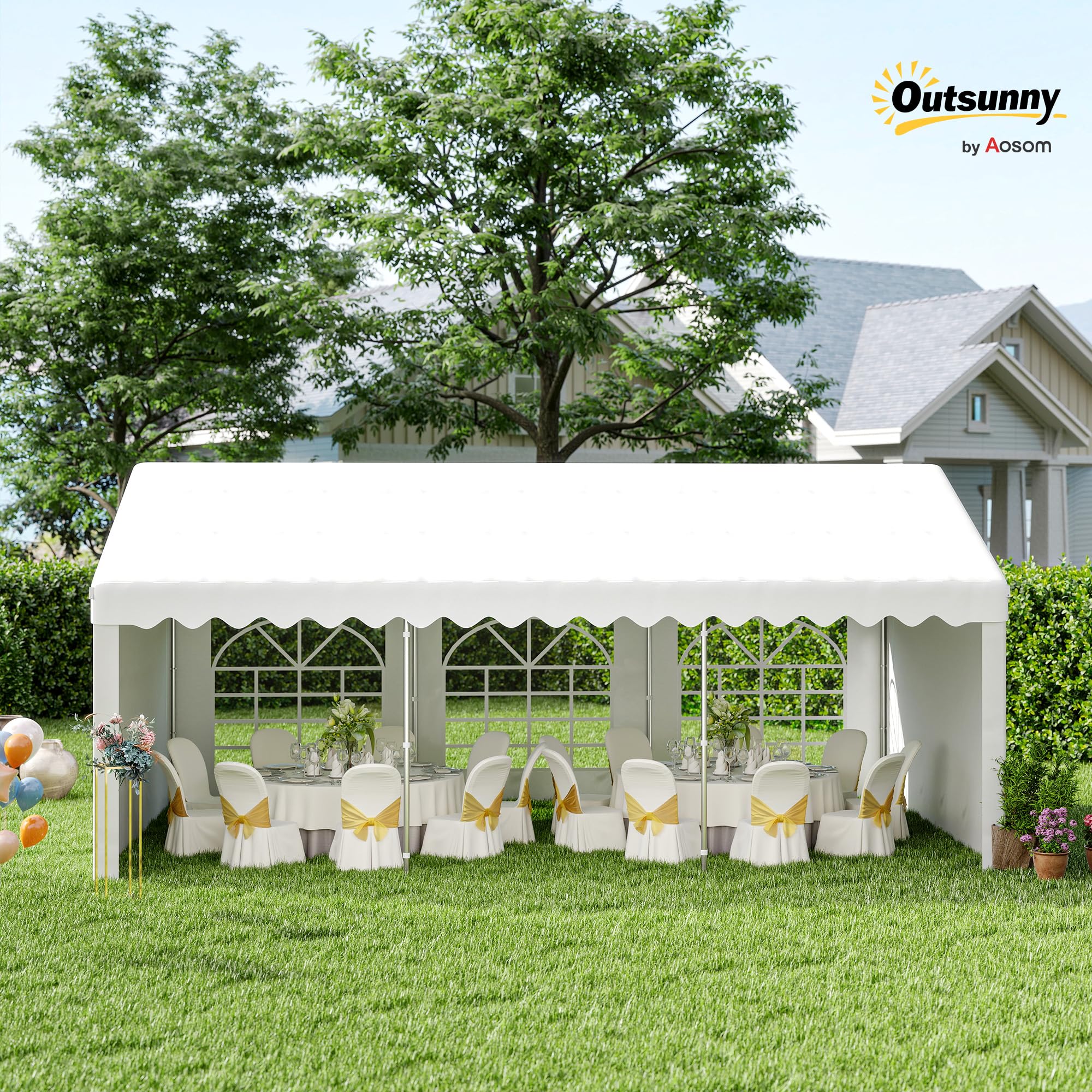 Outsunny Tendone per Feste 6x4m con Pareti Laterali Rimovibili, Gazebo da Giardino con Porte e Finestre, in Metallo, Bianco