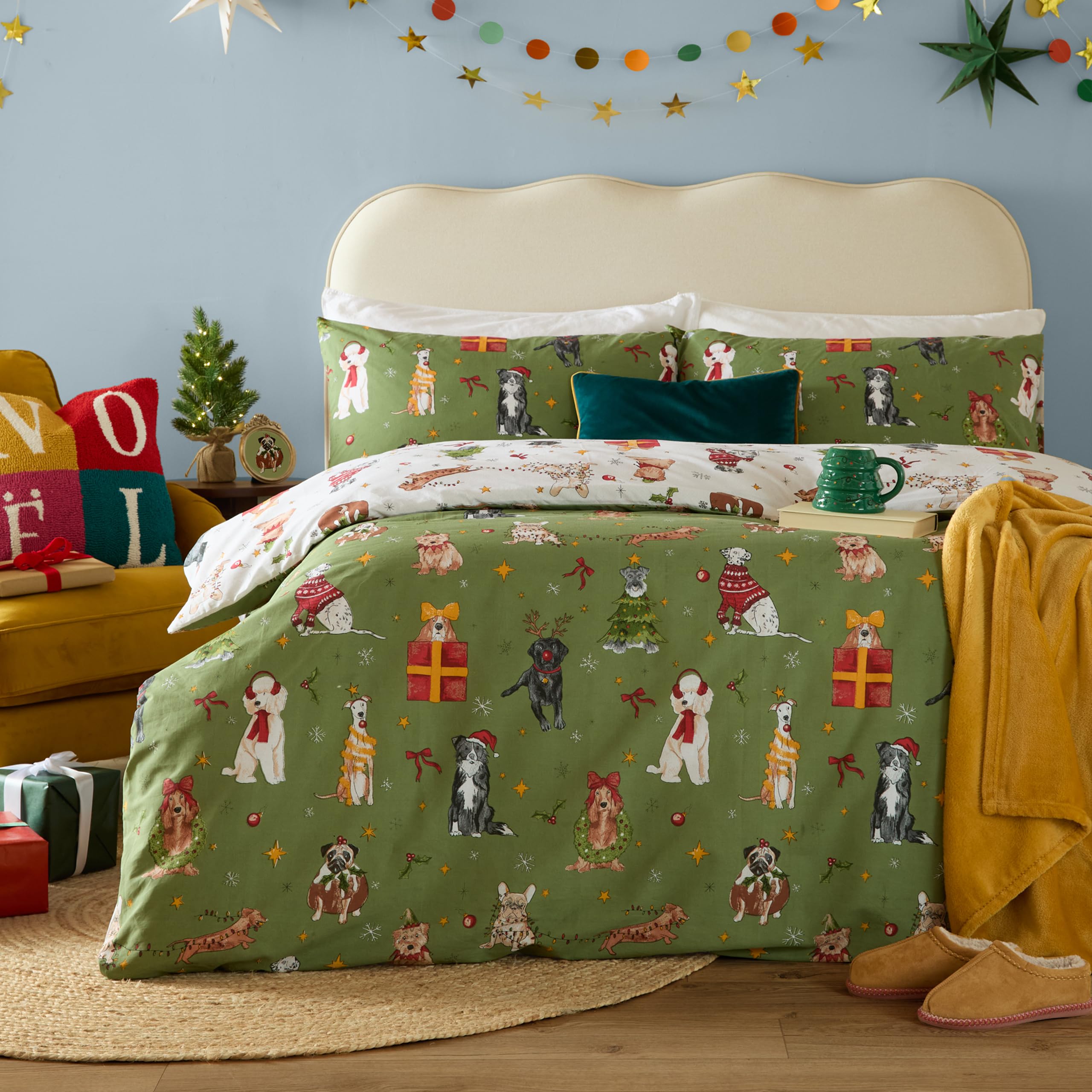 furn. Christmas Pawty Duvet Cover Set (Green - King)
