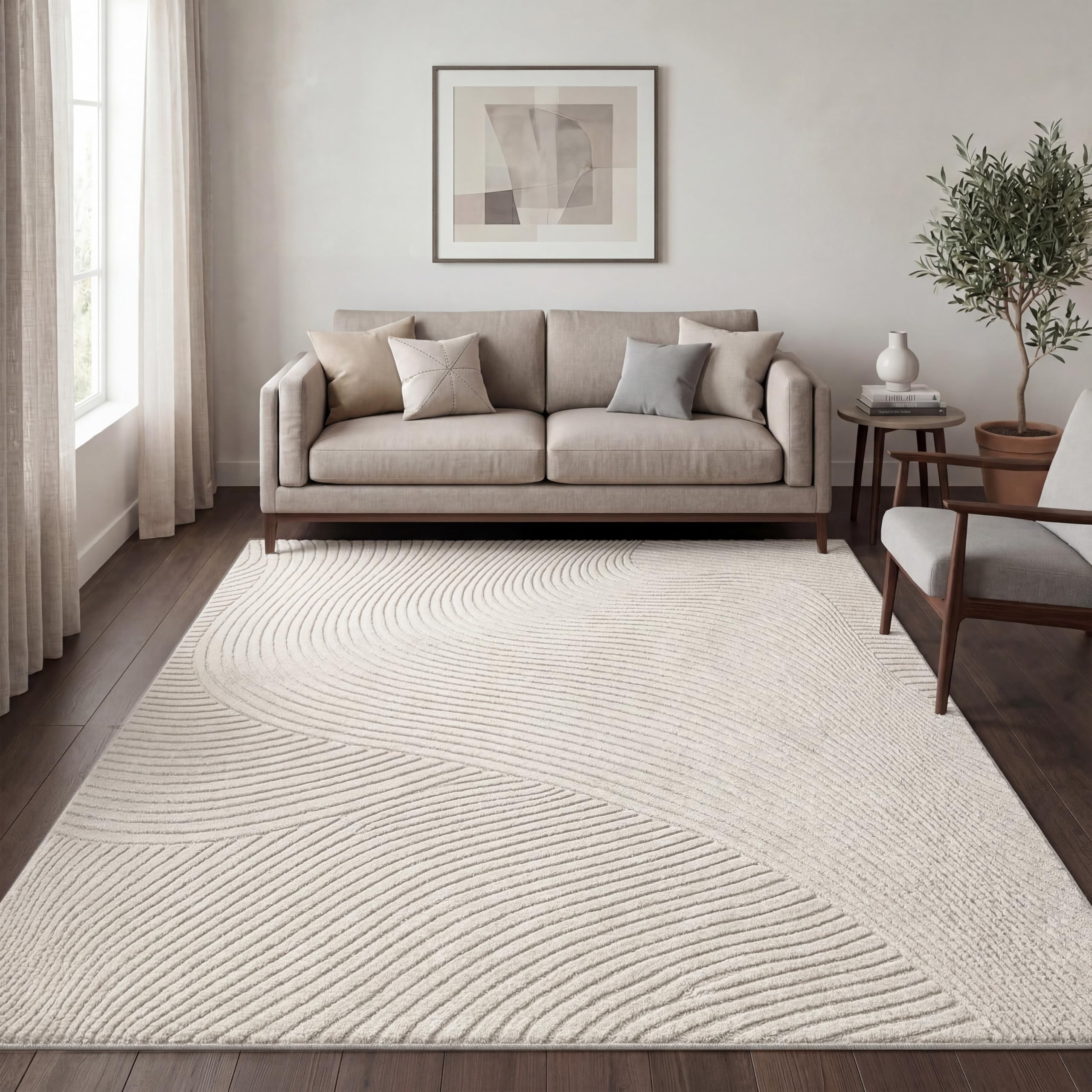 Paco Home Moderna Alfombra de Sala de Pelo Corto escandinavo Japandi Panglao Monocolor Efecto Alto-bajo Motivo Abstracto Pelo Suave Crema, tamaño:160x220 cm