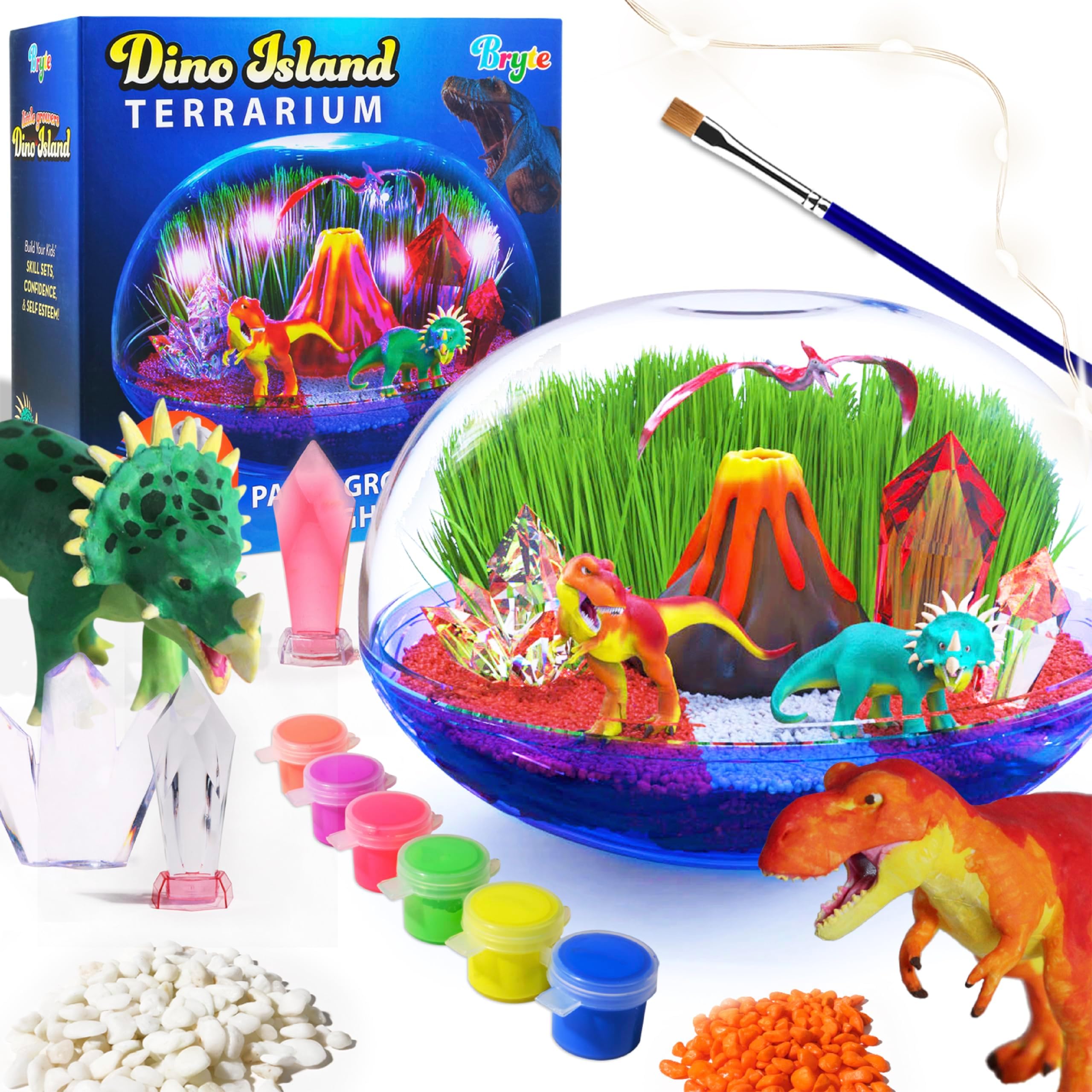 Bryte Dinosaur Light Up Terrarium Kit for Kids | Create a Dino Habitat with Real Plants, Figurines, Volcano & LED Lights | DIY Science Kit, STEM Activities, Arts and Crafts for Kids Aged 8-12 Years