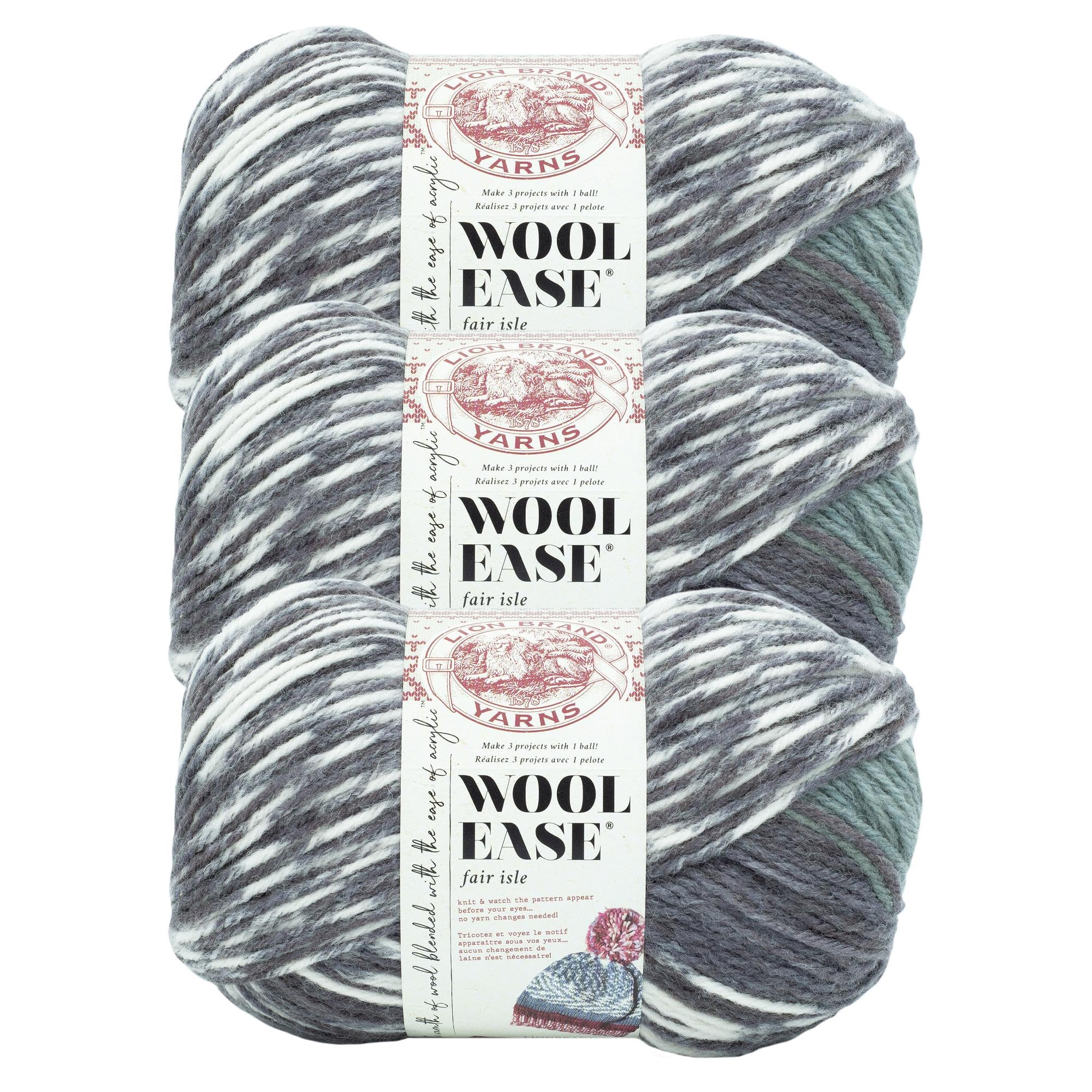 Hilo para tejer bufandas Lion Brand Wool Ease Fair Isle gris oscuro lana acrílica 3 ovillos