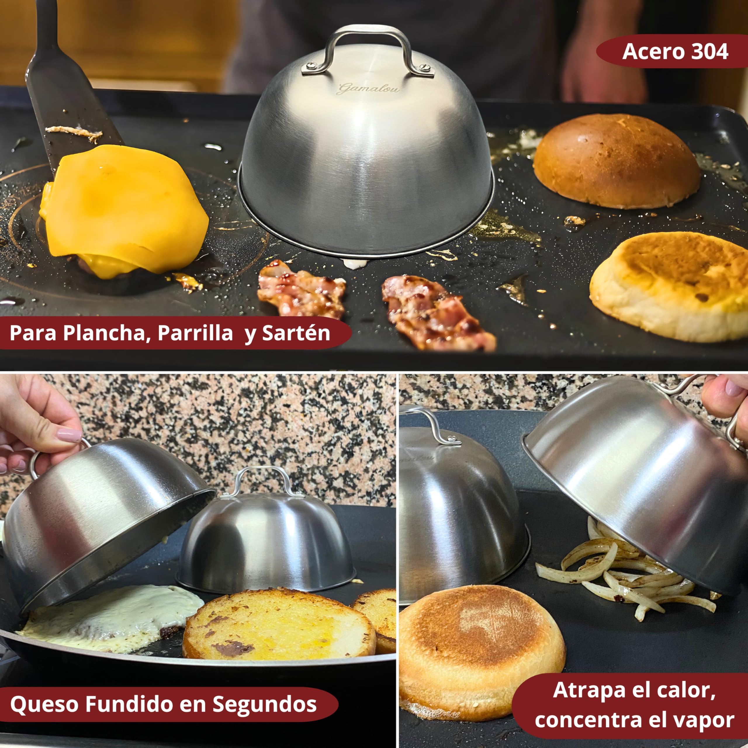 Smash Burger Profesional Kit Inox 304: Prensa Hamburguesas Smasher Antiadherente, Set de 2 Campanas, Espátulas y Bote para Especias, Ideal para Parrilla, Plancha o Sartén - Certificado UE
