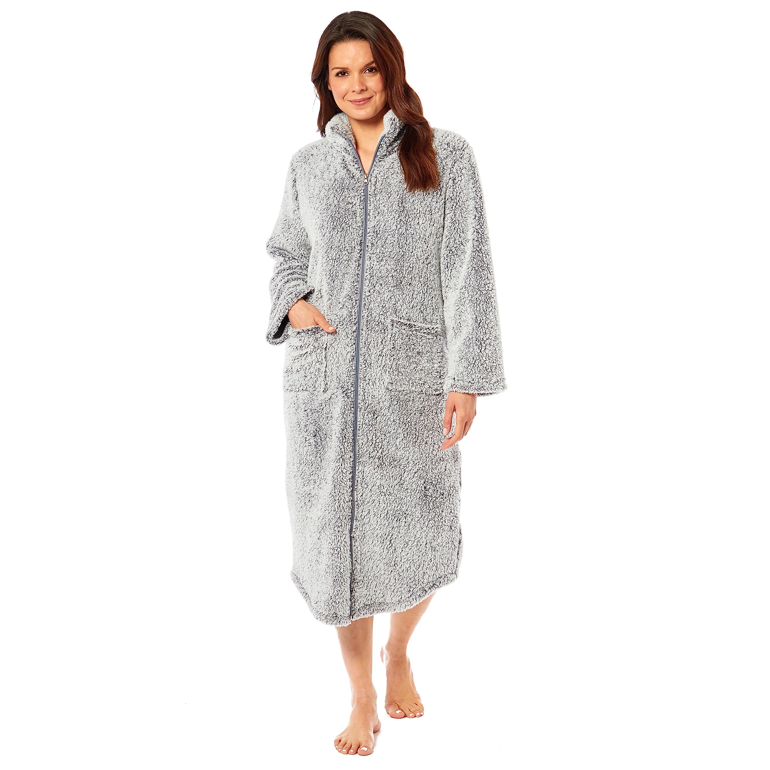 Daisy Dreamer Women's Shimmer Grey Fleece Zip Through Robe Dressing Gown Housecoat Bathrobe Plush Robes,Small