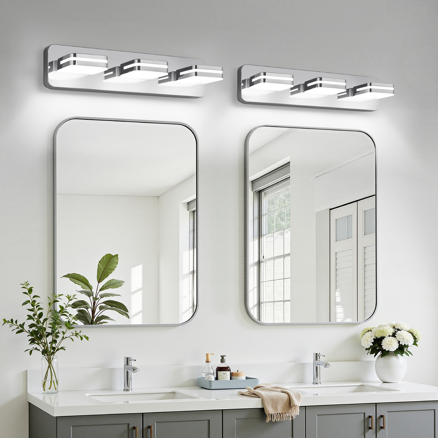 Image of Torondo 360 Rotate LED Bathroom Vanity Light Fixtures, Acrylic Vanity Lights for Bathroom, Modern Wall Lighting Fixtures Over Mirror Living, Chrome, Natural White, 3-Light, 17-Inch