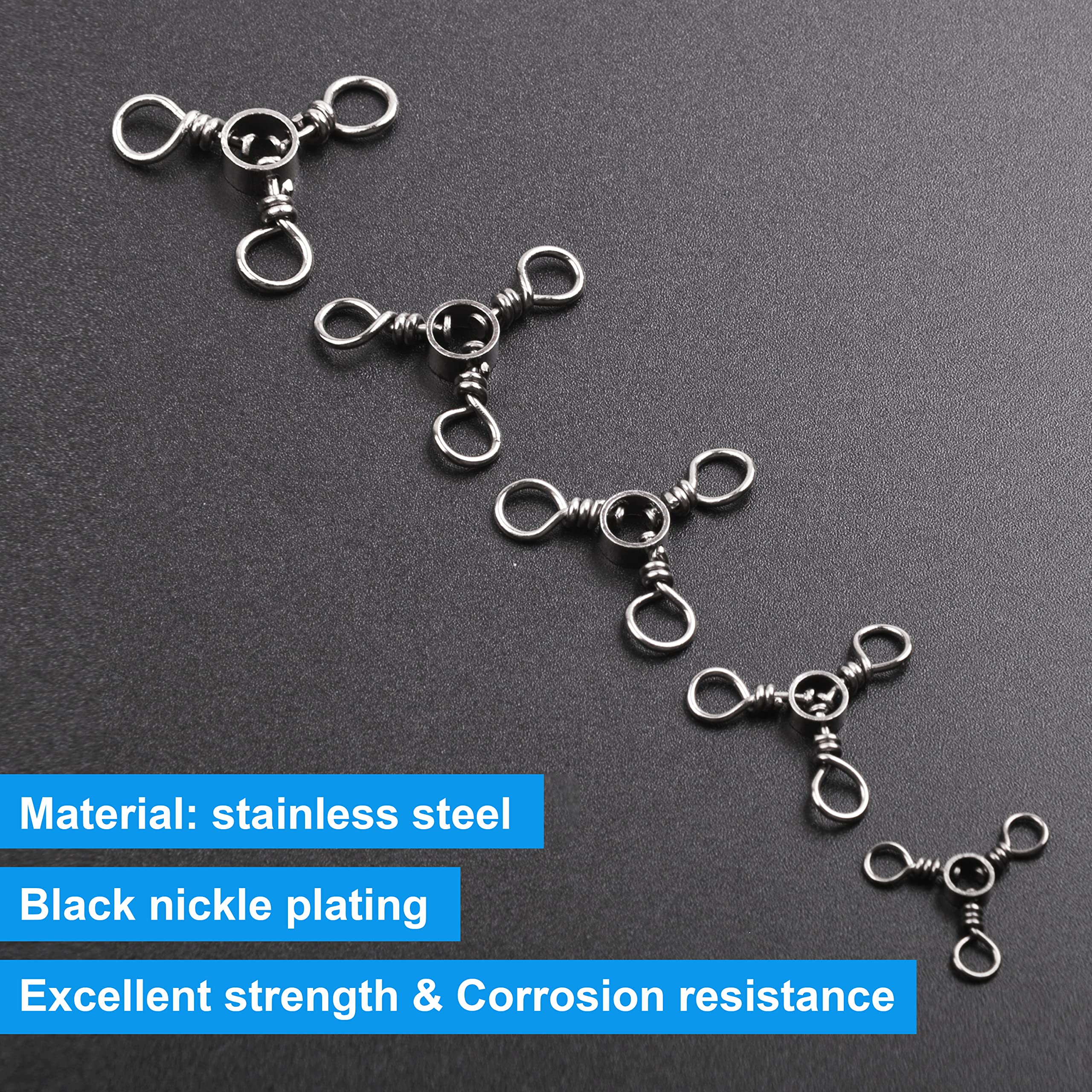 OROOTL 3 Way Swivel Fishing Tackle, 60pcs Three Way Fishing Swivels 30-220LB Black Nickel Stainless Steel T-Turn Fishing Swivels for Catfish Rig Saltwater Freshwater Trolling