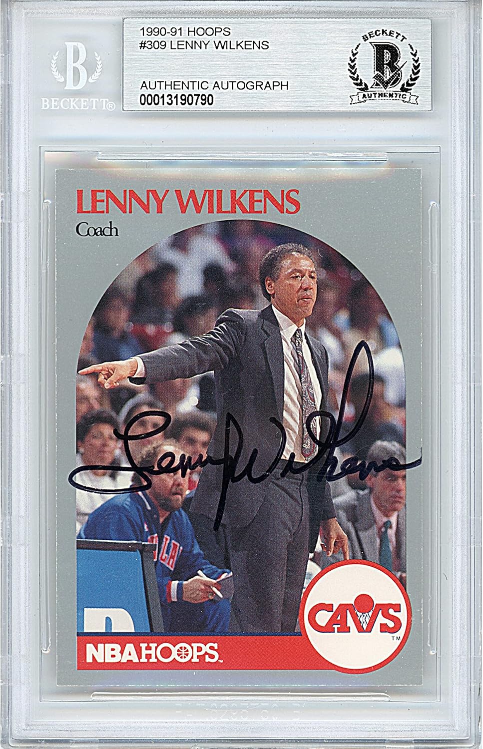 Lenny Wilkens Autographed 1990 1991 Hoops #309 Basketball Trading Card Slab Beckett BAS Authentic Slabbed COA Played For Cleveland Cavaliers NBA