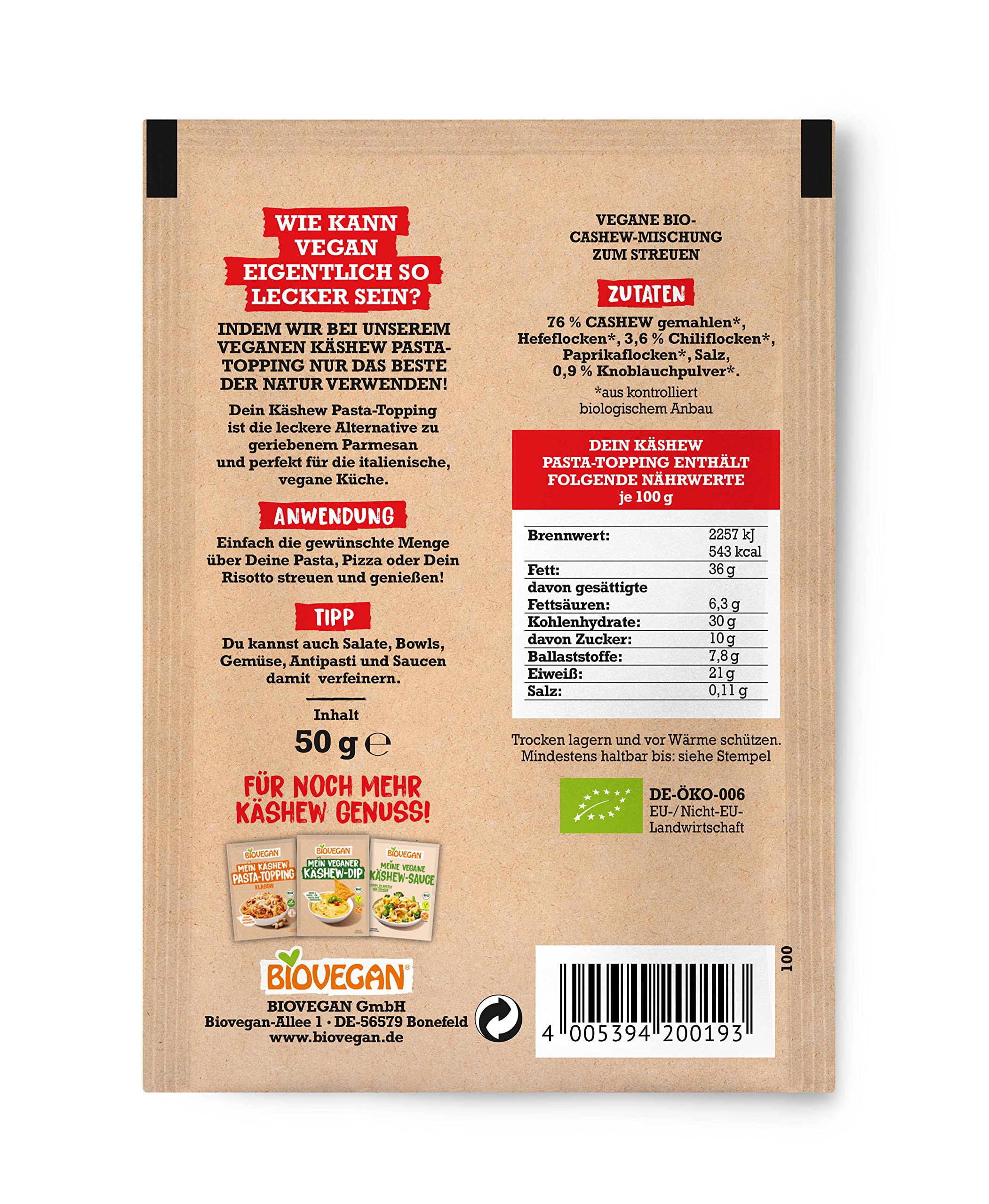 Biovegan Mein Käshew Pasta Topping, Veganer Parmesan-Ersatz in 100% Bio Qualität, Streukäse-Alternative Vegan, leckere Käse Alternative aus Cashew Nüssen, 8 x 50g (Chili-Knoblauch)