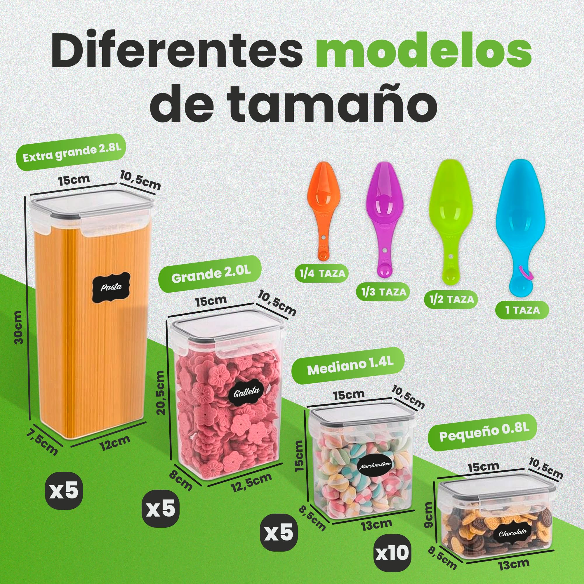 JUPPLIES Contenedores Cocina - Recipientes Herméticos de Plástico para Alimentos – Tarros y Botes para Cereales, Pasta, Granos y Harina