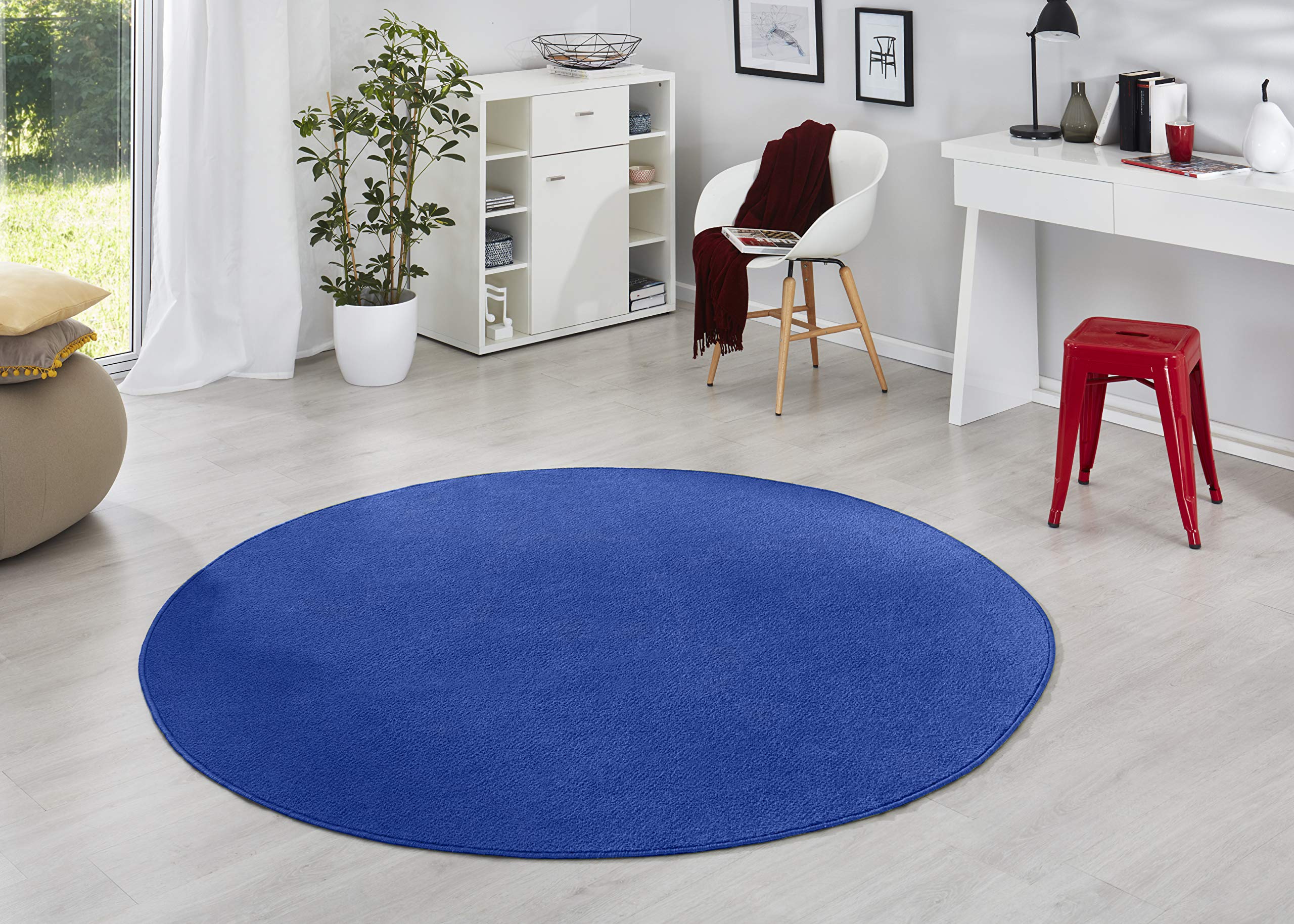 HANSE Home Tapis Fancy Rond - Tapis de Salon uni Moderne en Velours pour Salle à Manger, Salon, Chambre d'enfant, Couloir, Chambre à Coucher, Cuisine - Bleu, Ø 133 cm