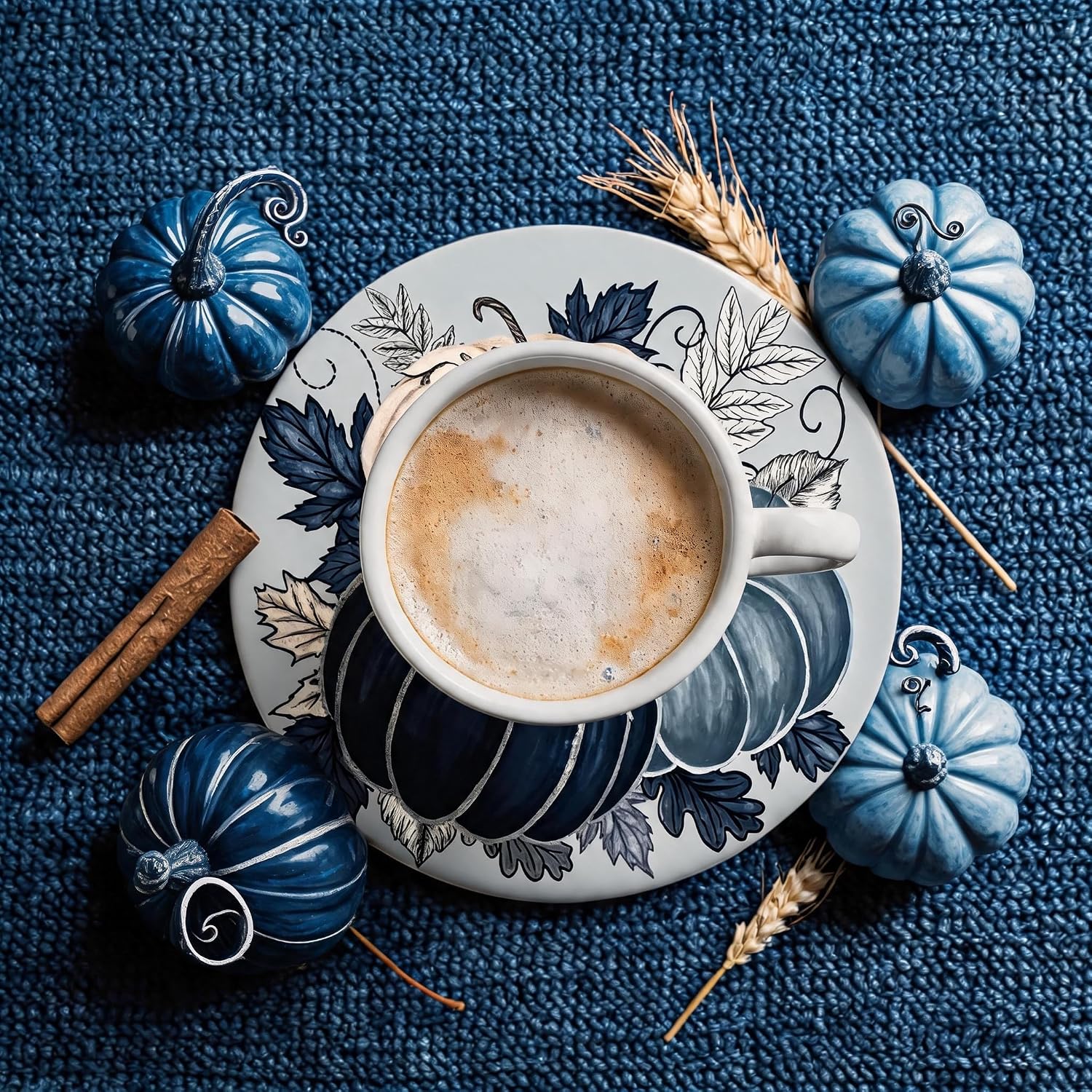 Fall Ceramic Drink Coasters Set 4 Blue Pumpkin Leaves Decor