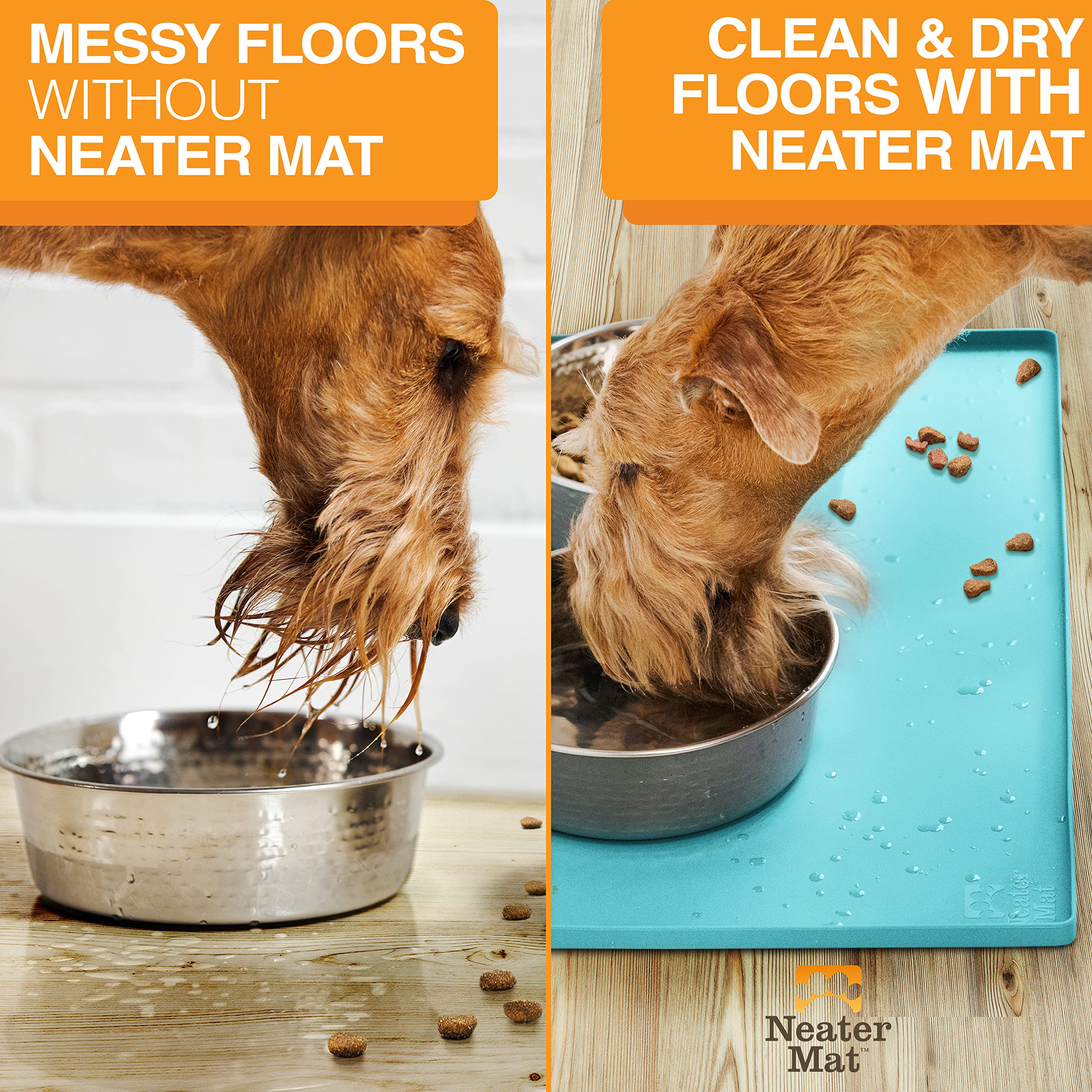Neater Pet Brands Neater Mat - Tappetino impermeabile in silicone per animali domestici, protegge i pavimenti da cibo e acqua (Acqua Marina, 40,6 x 25,5 cm Silicone)
