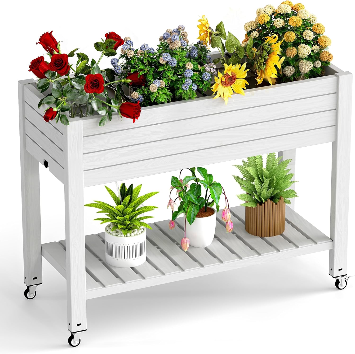 EasyUp 21 Gallon Raised Garden Bed with Legs and Wheels, Raised Planter Box with Drainage Plug and Gauge, Lower Shelf for Tools and Accessories, Dust-Proof Resin for Patio and Backyard(Black)