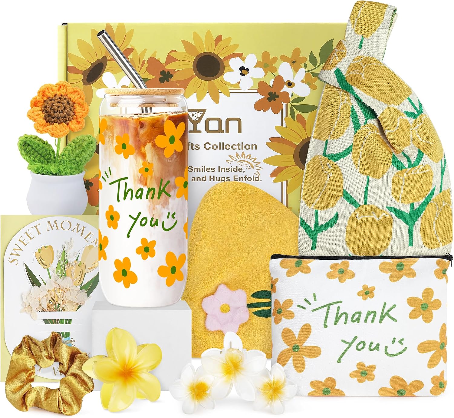 Joeyan Thank You Gifts for Women,20oz Glass Tumbler with Straw and Lid,9Pcs Appreciation Gifts Baskets for Coworkers Teacher Friends Sisters Secretary,Mothers Day Administrative Professional Day Gifts