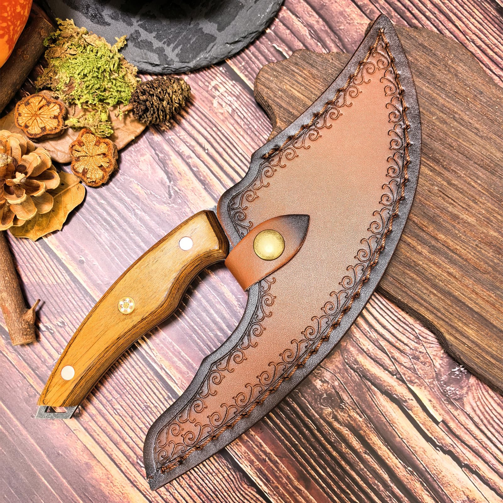 maison et en plein air couteau de cuisine Ulu Style Chef couteaux forgé à la main Cuisine Full Tang High Carbon Steel Effortless couteau avec étui en cuir