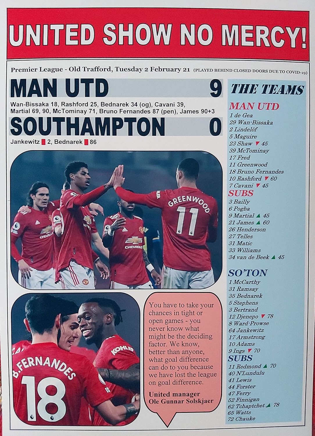 Manchester United 9 Southampton 0 - 2021 - souvenir print