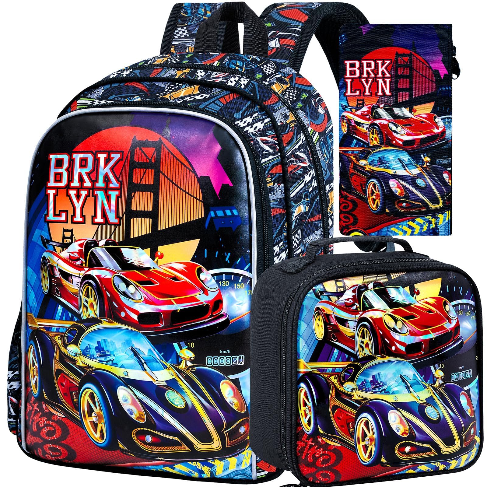 KLFVB 3PCS Racing Car Backpack for Boys, Water Resistant Kids Bookbag with Lunch Box, 16" Preschool Backpacks for Elementary - Racing Red