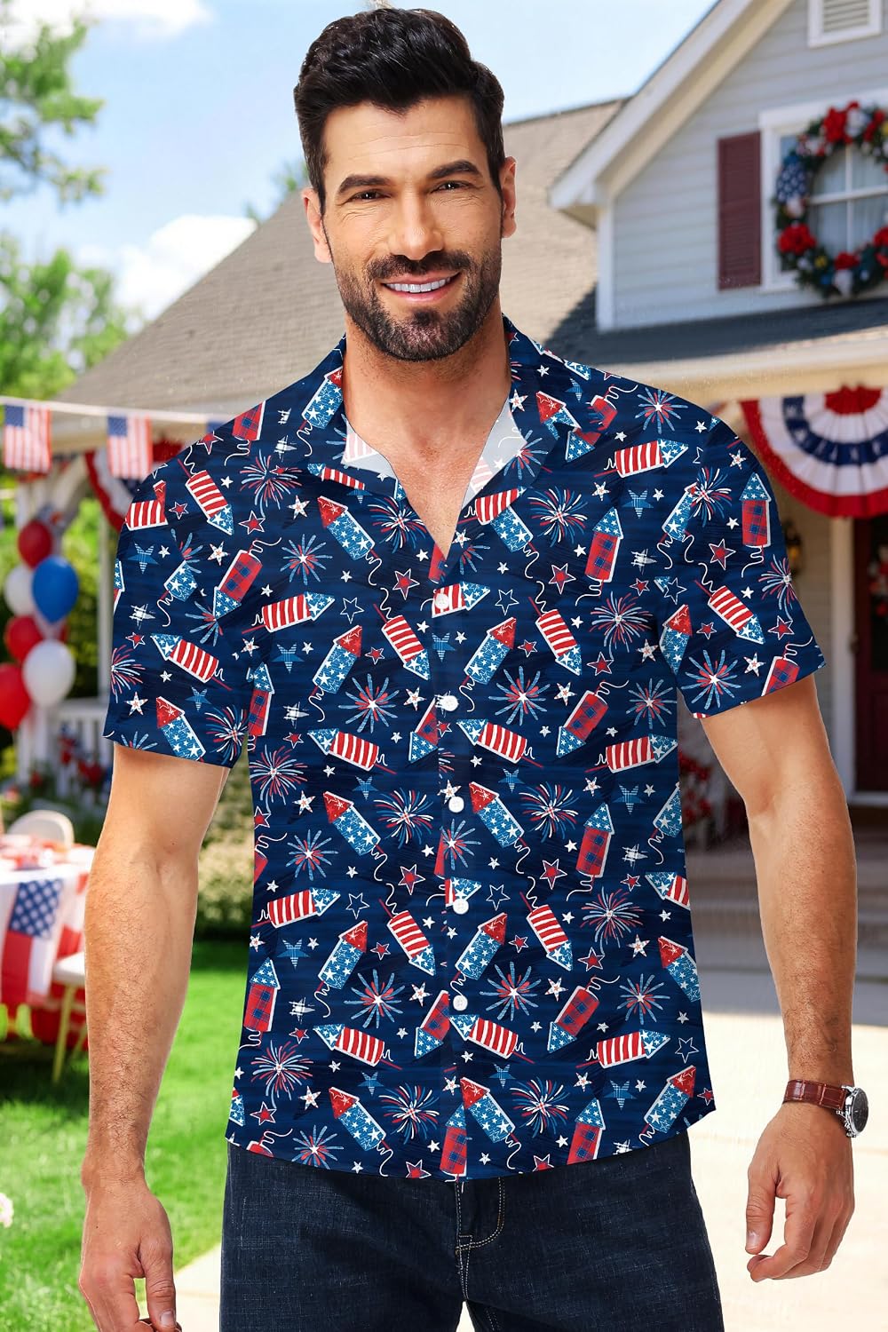 Mens July 4th Button Up Shirt Patriotic Memorial Day American Flag Shirts Short Sleeve Hawaiian Tops