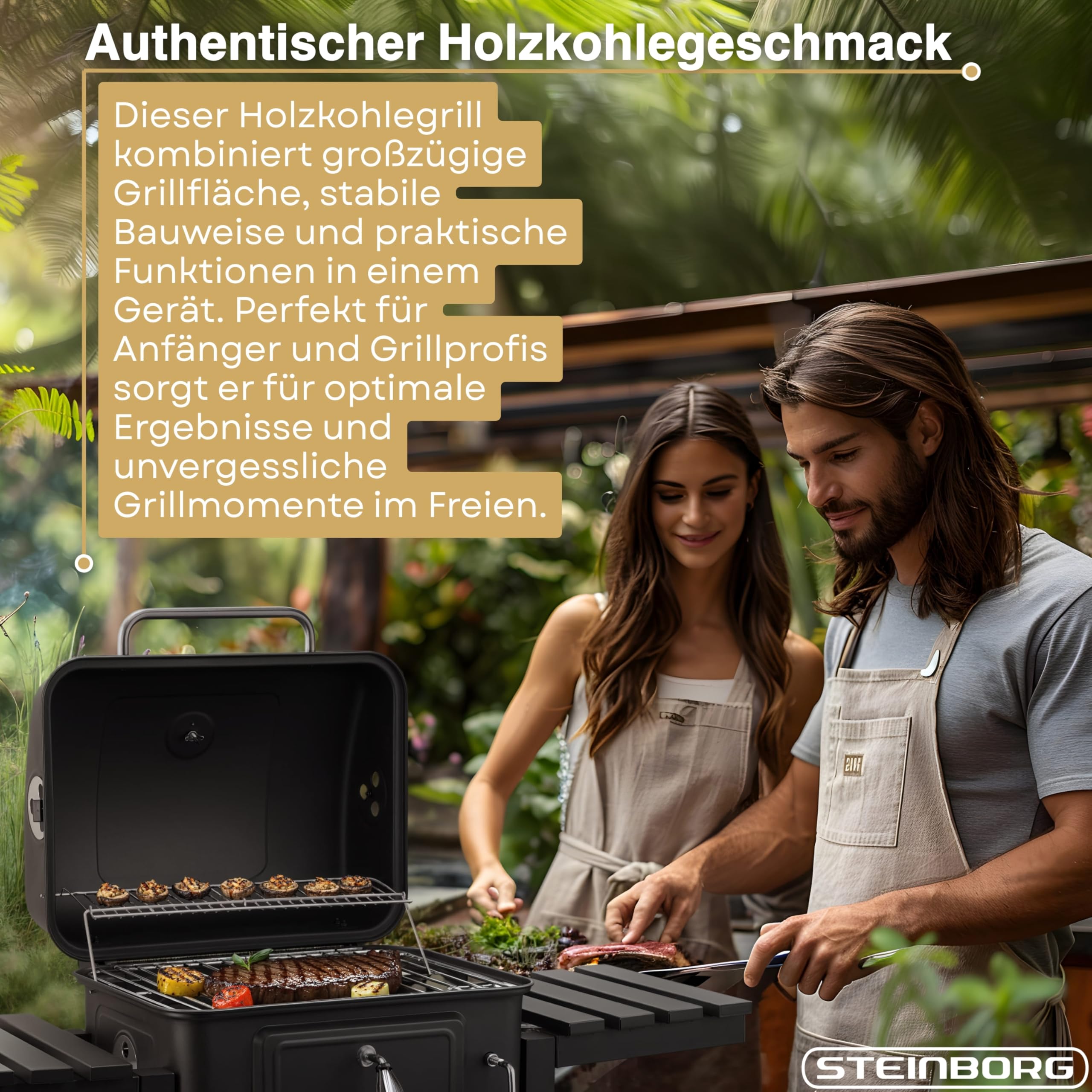 Steinborg® Holzkohlegrill mit Deckel & Thermometer – BBQ Grillwagen fahrbar mit 2 Grillrosten, Warmhalterost, höhenverstellbarer Kohlewanne, Thermometer, Ascheschublade & Seitenablagen