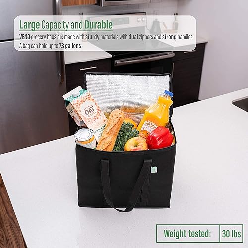 Miniatura 5 de VENO Paquete de 4 bolsas de compras reutilizables resistentes (paquete de 2 bolsas aisladas reutilizables para comestibles + 2 bolsas aisladas