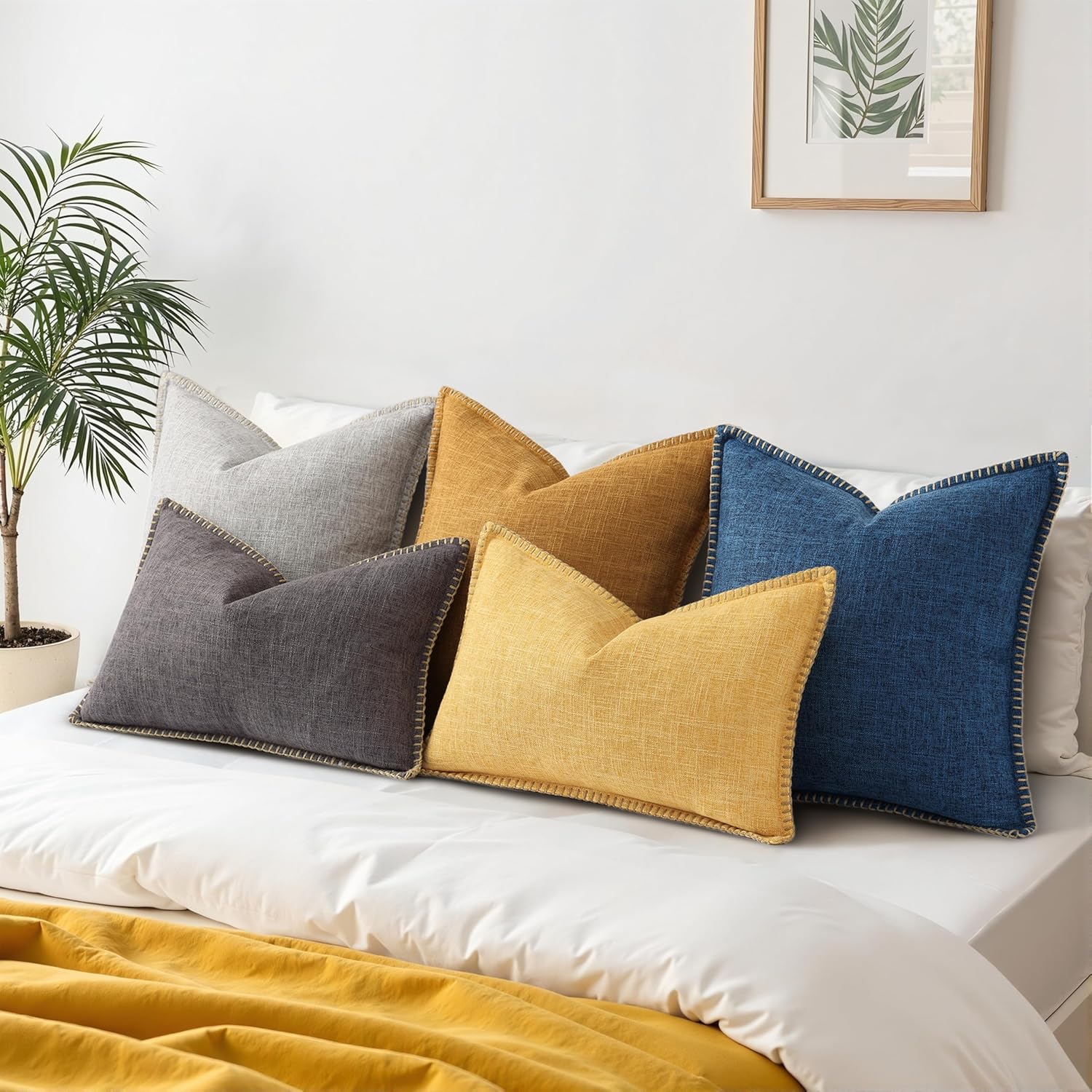decorUhome Summer Decorative Throw Pillow Covers 20x20 Set of 2 Square Faux Linen Farmhouse Pillow Covers with Stitched Edge Outdoor Neutral Pillow Covers for Couch Sofa Living Room, Dark Grey