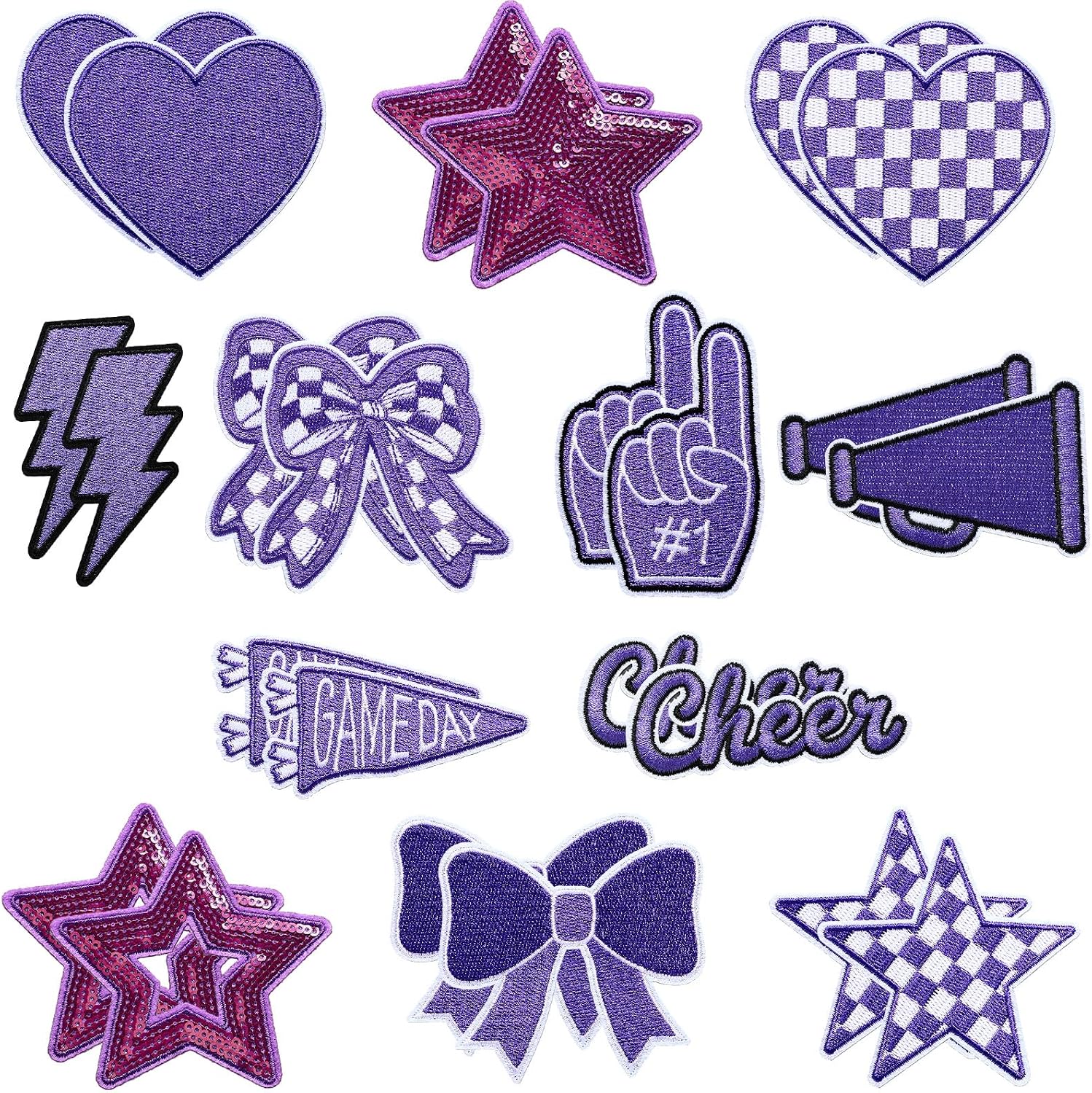 24 Pcs Football Game Day Cheer Iron on Patches, Purple Cheer Hats Iron on Embroidered Sport Sew on Appliques for Backpacks Clothes Football Enthusiasts Team Fans DIY Crafts(Game Day)