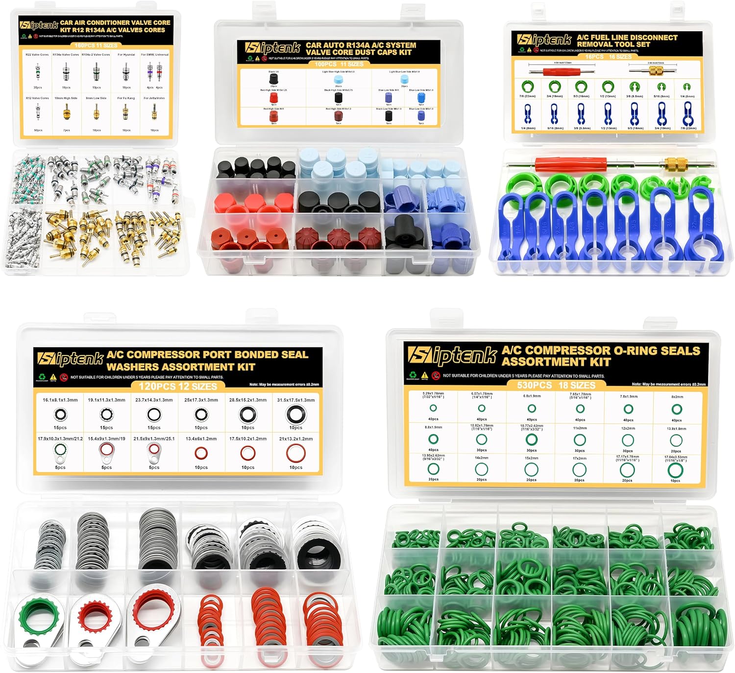 Siptenk 5 Sets 926PCS Car A/C Repair Kits, 530PCS O-Ring Seals 160PCS A/C Valve Cores 100PCS Charging Port Dust Caps 16PCS AC Fuel Line Disconnect Tool Set 120PCS Compressor Gasket Seal Washers