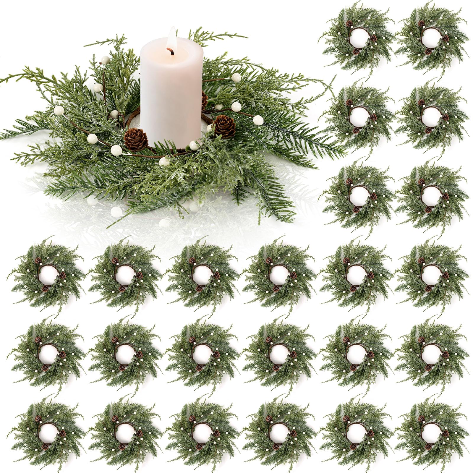 24 PCS Christmas Wreath Candle Rings Mini Wreath Pine Garland Artificial Frosted Cedar and Pine Cone Candle Rings Holder for Christmas Wedding Home Table Centerpiece Door Window Chair Wall