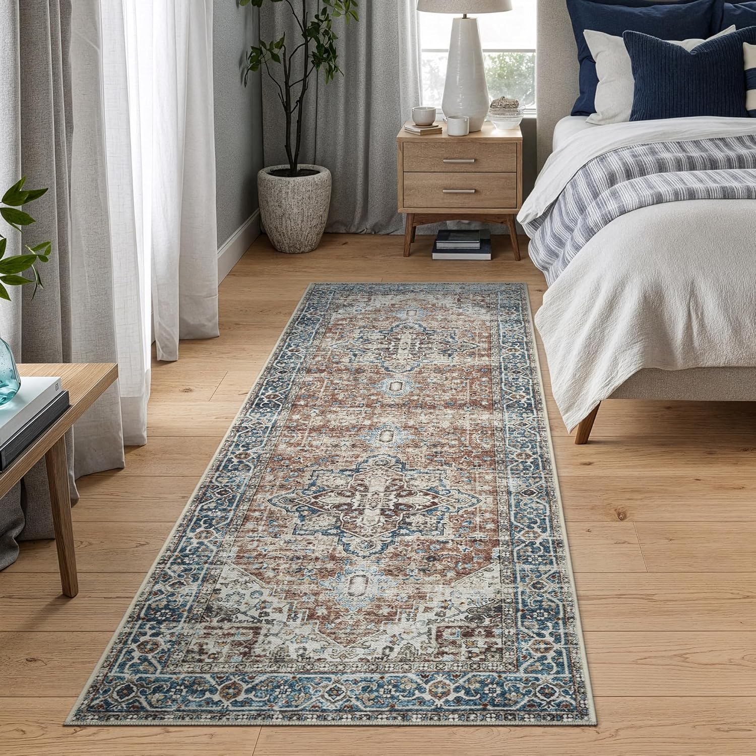 Bloom Rugs Caria Washable Non-Slip 12 ft Runner - Terracotta/Blue Traditional Runner for Entryway, Hallway, Bathroom, and Kitchen - Exact Size: 2'6" x 12'