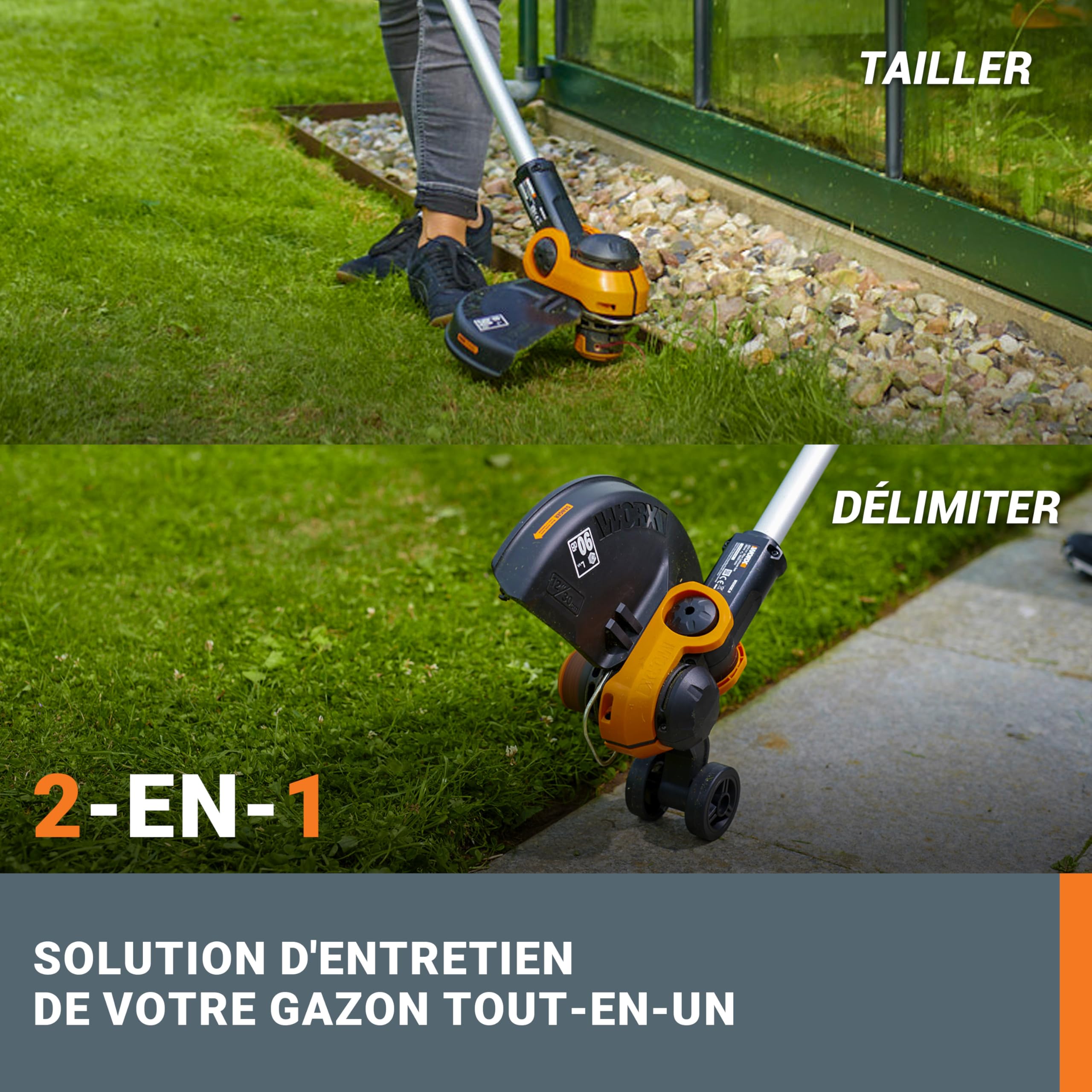 WORX Coupe-Bordures 2 en 1 sans Fil 20V WG163E.9, diamètre de 30 cm, se transforme en Dresse-Bordures, poignée Amovible, Capot de Protection, tête Amovible 90°, livré sans Batterie ni Chargeur