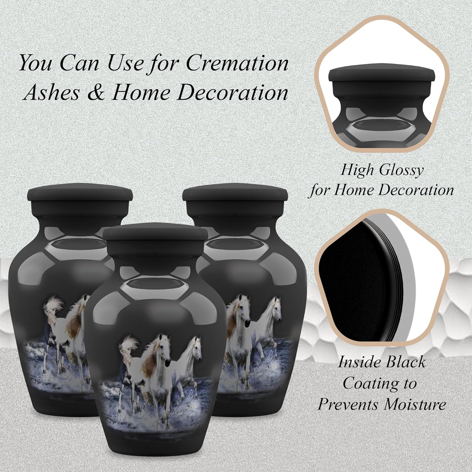 Forever URNS Mini Cremation Funeral Urn with Printed Running Horse Theme for Human Ashes of Female & Male | 3 cu in | Set of 3 | Small | Grey | Completely Handcrafted with Velvet Protection Box