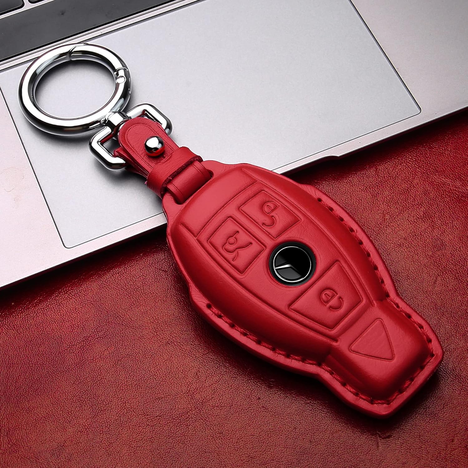 Tukellen for Mercedes Benz key fob cover Genuine Leather with Keychain,Leather key case Protector Compatible C E M S CLS CLK GLK GLC G AMG Series Smart Remote Key,Red