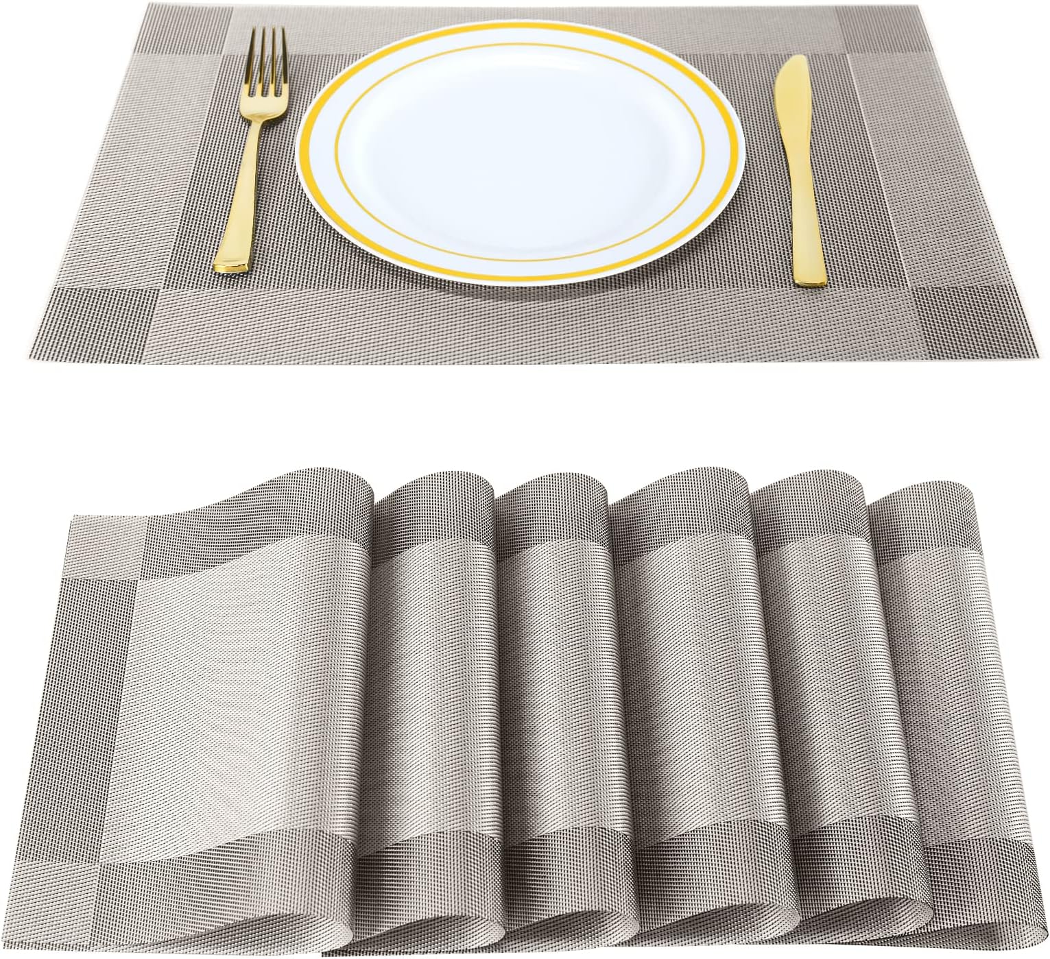 FGSAEOR Placemats, Place Mats for Kitchen Dining Table, Heat-Resistant Anti-Skid Stain Washable PVC Table Mats, Easy to Cleaning Woven Vinyl Dinner Mats (Silver, 6 Pack)